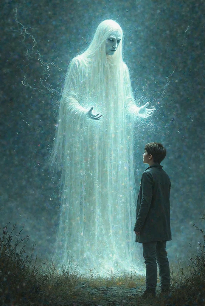 A boy walking on a snowy night looking up at the stars and the spirit of a man grabs his hand
