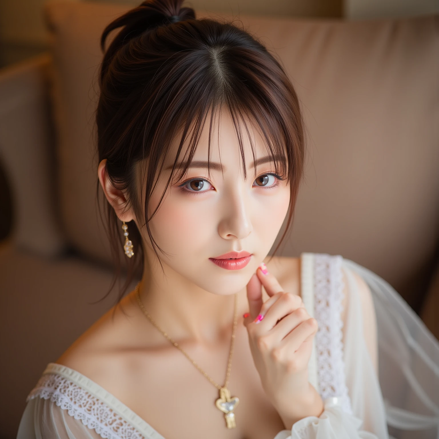 Romantic Lace Off Shoulder Dress,(Short hair in shiny silver and orange inner colors,Ponytail twisted buns decorated with elaborate braids and beads,Braided setup fishbone hair,),(The bangs are see-through bangs),(((emphasize the chest:1.3))),(dynamic angle),(Dynamic and sexy poses),(leaning forward:1.3),(((a majestic statue))),Disturbance of clothing due to movement,Breast flick,Beautiful woman,.perfect face,big and full breasts,,intricate details,very delicate and beautiful hair,realistic,dream-like,realistic shadow,focus only,beautiful hands,beautiful fingers,Detailed functions of fingers,Detailed features of the garment,Detailed characteristics of hair,detailed facial features,、(professional lighting),(Photoreal:1.3),(RAW photo.),(table top,highest quality,Ultra high resolution output image,) ,(8K quality,),(Image mode Ultra HD,)