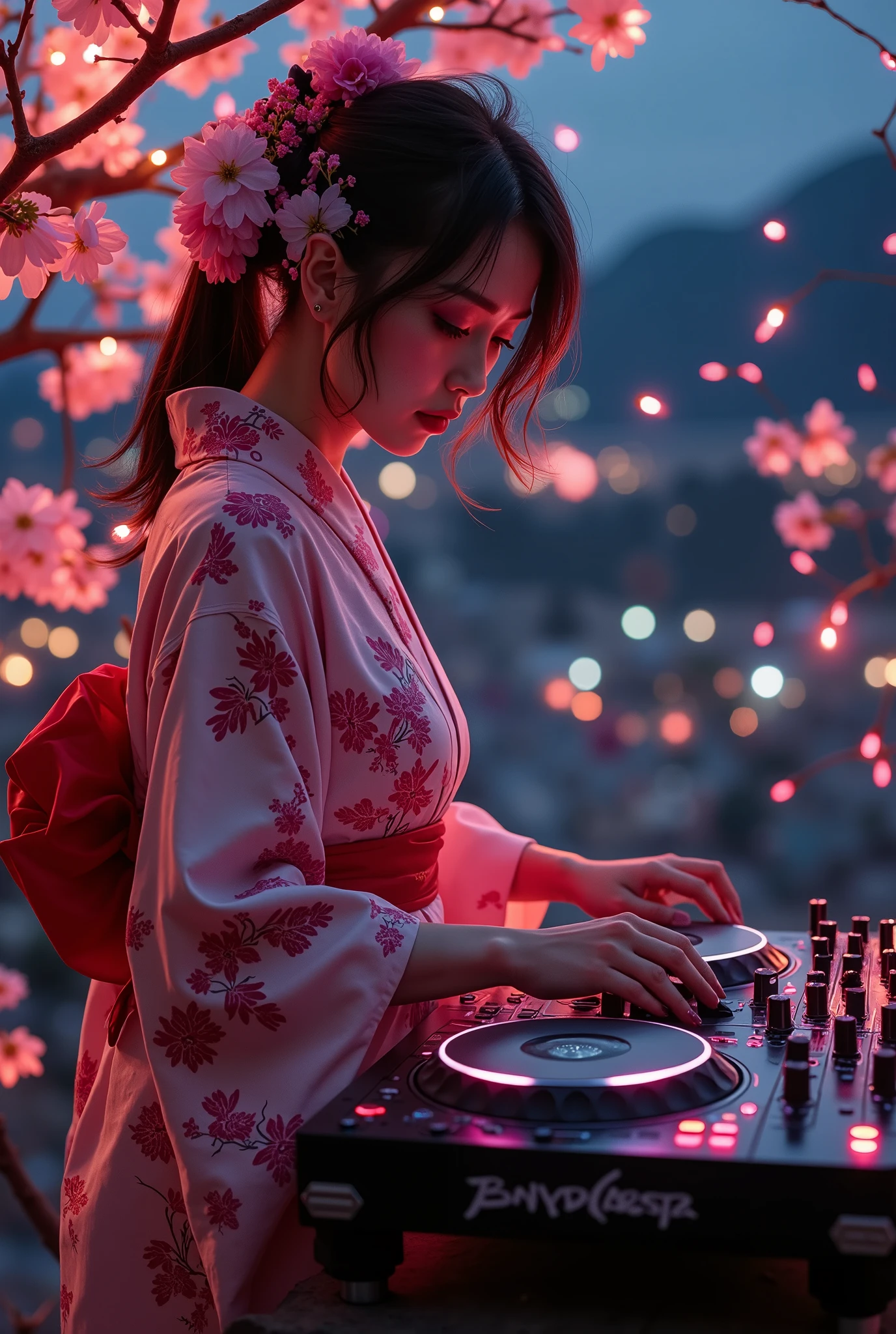 music that plays the arrival of spring, Attractive amazing composition, ((An adult female DJ wearing a Japanese kimono is operating the sound equipment, from above, perspective looking down from the top of a cherry blossom tree), from above, alone, (scratch the turntable, } mix Operate the equalizer of, Lacquered Sound Equipment, Traditional Craftsman's Craft,) equipment that mirror black beautifully adorns the color of cherry blossoms, black light, Transparent black reflection, aesthetic luster and luster), I smile at you, dark blue traditional kimono, body that sways to the rhythm, Cherry blossoms fluttering with a small rhythm, petals flutter and flutter in a relaxed space of time, The cherry blossoms that color the blank space in the night sky、welcoming the arrival of spring, In a space that flows slowly、Create dynamic musical vibes, fantastic cherry blossom background, The joy of spring that comes with the dawn、Please create the joy of spring that comes with the dawn with absolute aesthetics, 彼女はI smile at you, The silence of a pitch-dark night, spring is coming soon...