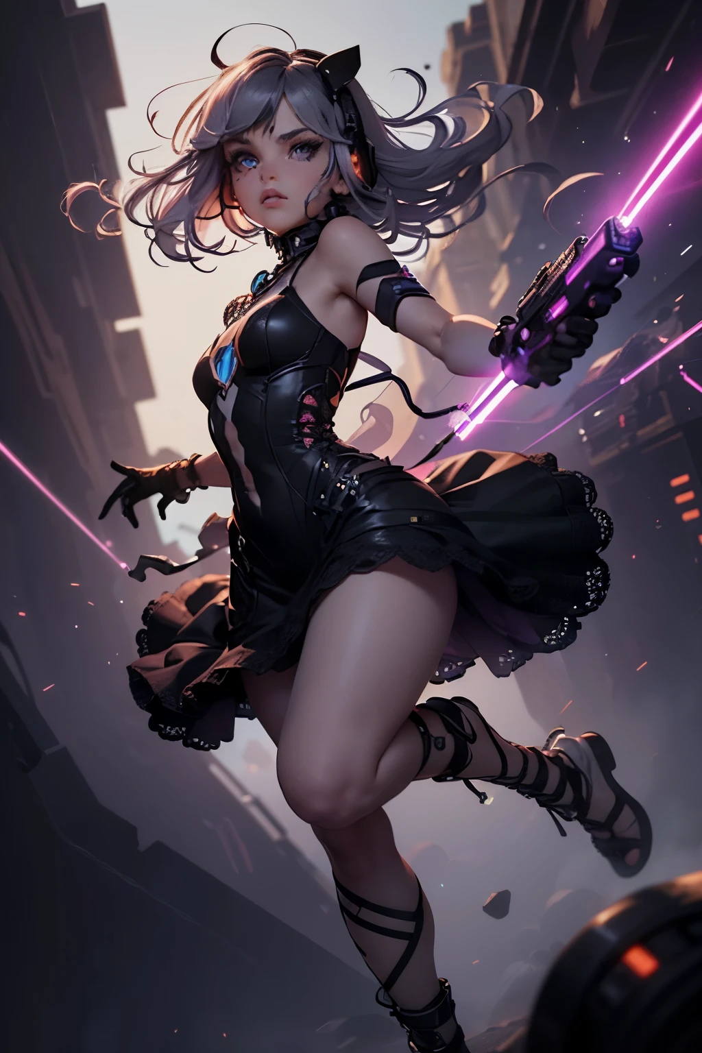(Ultra-detailed face, Looking away, Gothic Illustration, Dark tone colors. Vector graphics, perspective drawing, 3D line drawing, squares, trons, neon, vector scan, rotate screen 30 degrees, near future space city background with glowing lines.), BREAK
(A female dark elf assault soldier shoots a laser gun with both hands. She is running with her back turned, her body twisted, her body in a lowered position. She shoots the laser gun with both hands. She draws a myriad of curved lasers.), BREAK
(She has pink and black hair with dark gray eyebrows, cropped at her shoulders, small pink lips, neon lavender eyes, dark purple skin, long eyelashes, and thick eyeliner.), (She wears a necklace with multiple layers of light furred charms, connected by several fiber optics to the overhead drone and headset, and a jet black futuristically embellished lace up dress with a deep red lace ruffle. She wears sandals with small gears and woven fiber optics.)