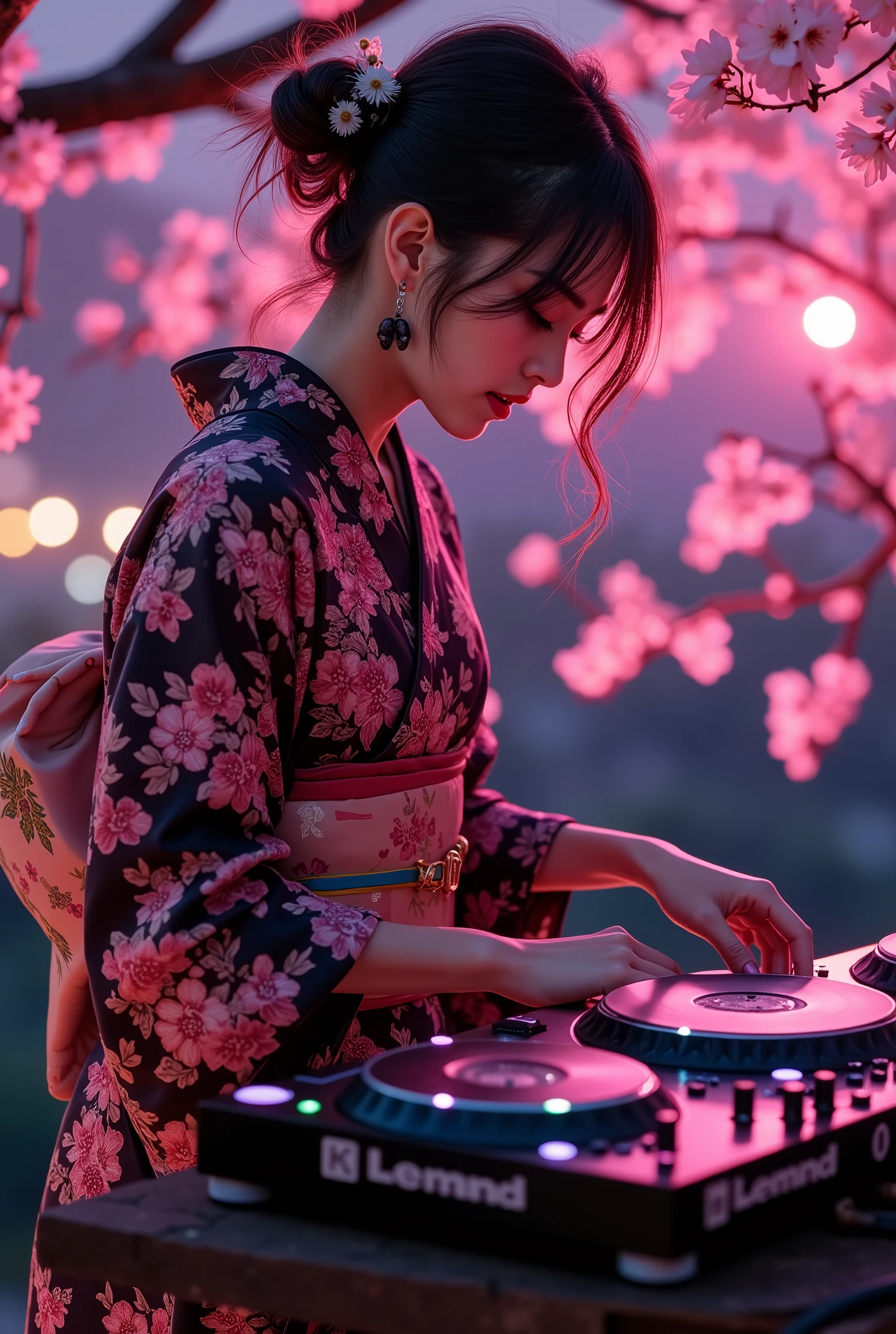 music that plays the arrival of spring, Attractive amazing composition, ((An adult female DJ wearing a Japanese kimono is operating the sound equipment, from above, perspective looking down from the top of a cherry blossom tree), from above, alone, (scratch the turntable, } mix Operate the equalizer of, Lacquered Sound Equipment, Traditional Craftsman's Craft,) equipment that mirror black beautifully adorns the color of cherry blossoms, black light, Transparent black reflection, aesthetic luster and luster), I smile at you, dark blue traditional kimono, body that sways to the rhythm, Cherry blossoms fluttering with a small rhythm, petals flutter and flutter in a relaxed space of time, The cherry blossoms that color the blank space in the night sky、welcoming the arrival of spring, In a space that flows slowly、Create dynamic musical vibes, fantastic cherry blossom background, The joy of spring that comes with the dawn、Please create the joy of spring that comes with the dawn with absolute aesthetics, 彼女はI smile at you, The silence of a pitch-dark night, spring is coming soon...