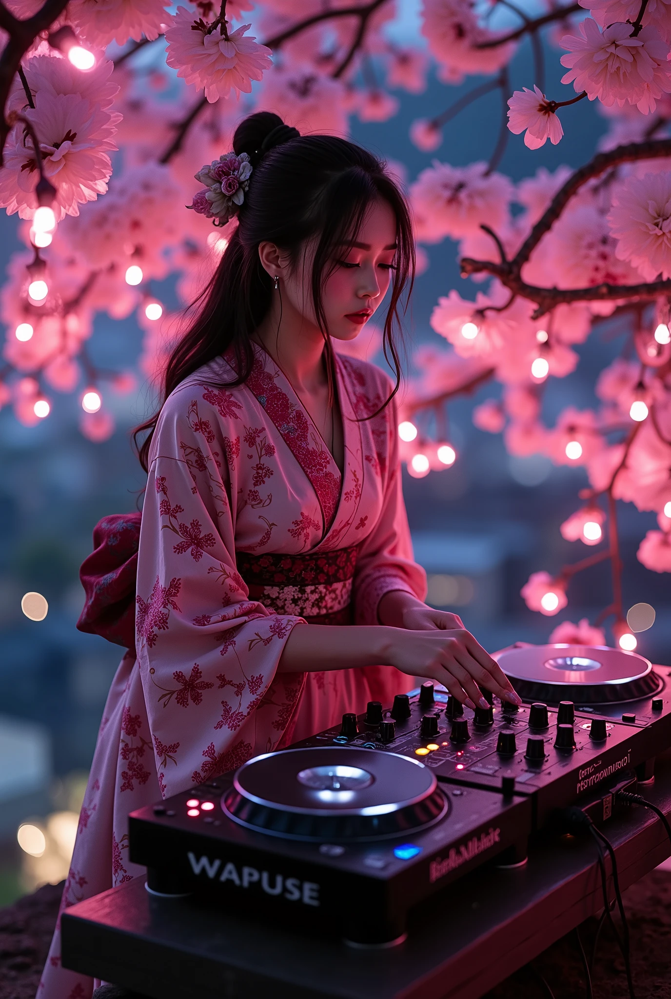 music that plays the arrival of spring, Attractive amazing composition, ((An adult female DJ wearing a Japanese kimono is operating the sound equipment, from above, perspective looking down from the top of a cherry blossom tree), from above, alone, (scratch the turntable, } mix Operate the equalizer of, Lacquered Sound Equipment, Traditional Craftsman's Craft,) equipment that mirror black beautifully adorns the color of cherry blossoms, black light, Transparent black reflection, aesthetic luster and luster), I smile at you, dark blue traditional kimono, body that sways to the rhythm, Cherry blossoms fluttering with a small rhythm, petals flutter and flutter in a relaxed space of time, The cherry blossoms that color the blank space in the night sky、welcoming the arrival of spring, In a space that flows slowly、Create dynamic musical vibes, fantastic cherry blossom background, The joy of spring that comes with the dawn、Please create the joy of spring that comes with the dawn with absolute aesthetics, 彼女はI smile at you, The silence of a pitch-dark night, spring is coming soon...