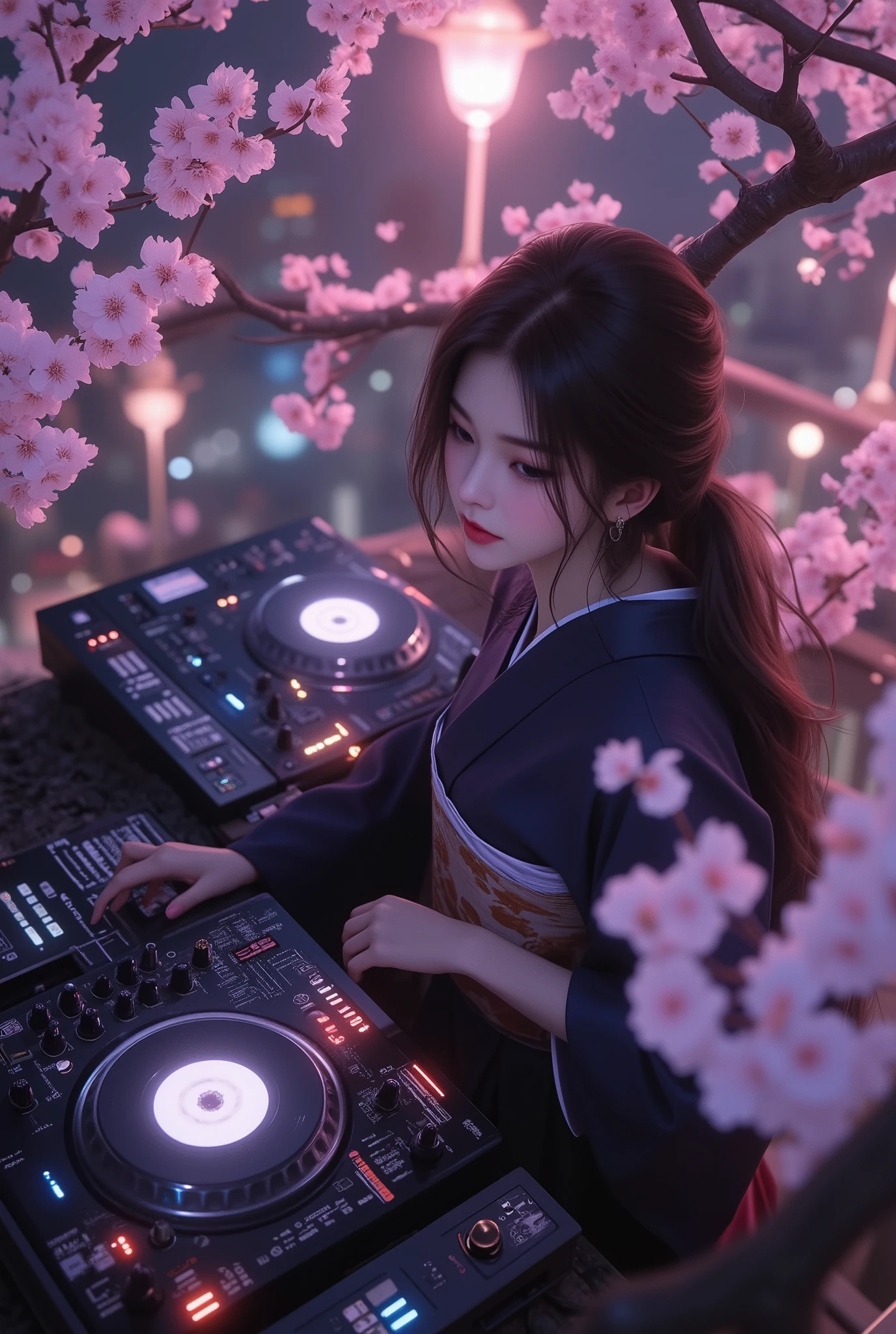 music that plays the arrival of spring, Attractive amazing composition, ((An adult female DJ wearing a Japanese kimono is operating sound equipment, from above, perspective looking down from the top of a cherry blossom tree), from above, alone, (scratch the turntable, } mix Operate the equalizer of, Lacquered Sound Equipment, Traditional Craftsman's Craft,) equipment that mirror black beautifully adorns the color of cherry blossoms, black light, Transparent black reflection, aesthetic luster and luster), I smile at you, dark blue traditional kimono, body that sways to the rhythm, Cherry blossoms fluttering with a small rhythm, petals flutter and flutter in a relaxed space of time, The cherry blossoms that color the blank space in the night sky、welcoming the arrival of spring, In a space that flows slowly、Create dynamic musical vibes, fantastic cherry blossom background, The joy of spring that comes with the dawn、Please create the joy of spring that comes with the dawn with absolute aesthetics, 彼女はI smile at you, The silence of a pitch-dark night, spring is coming soon...