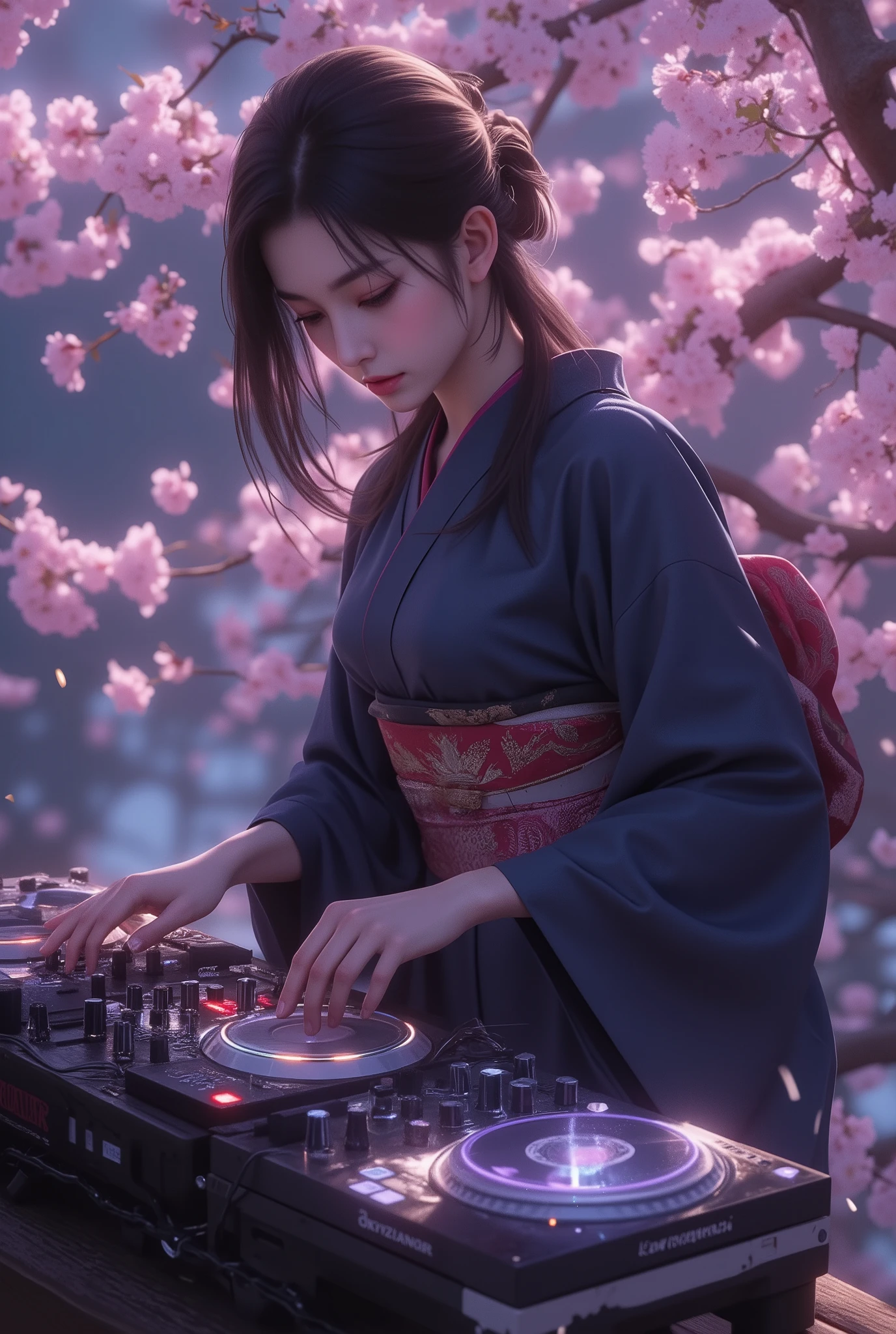 music that plays the arrival of spring, Attractive amazing composition, ((An adult female DJ wearing a Japanese kimono is operating sound equipment, from above, perspective looking down from the top of a cherry blossom tree), from above, alone, (scratch the turntable, } mix Operate the equalizer of, Lacquered Sound Equipment, Traditional Craftsman's Craft,) equipment that mirror black beautifully adorns the color of cherry blossoms, black light, Transparent black reflection, aesthetic luster and luster), I smile at you, dark blue traditional kimono, body that sways to the rhythm, Cherry blossoms fluttering with a small rhythm, petals flutter and flutter in a relaxed space of time, The cherry blossoms that color the blank space in the night sky、welcoming the arrival of spring, In a space that flows slowly、Create dynamic musical vibes, fantastic cherry blossom background, The joy of spring that comes with the dawn、Please create the joy of spring that comes with the dawn with absolute aesthetics, 彼女はI smile at you, The silence of a pitch-dark night, spring is coming soon...