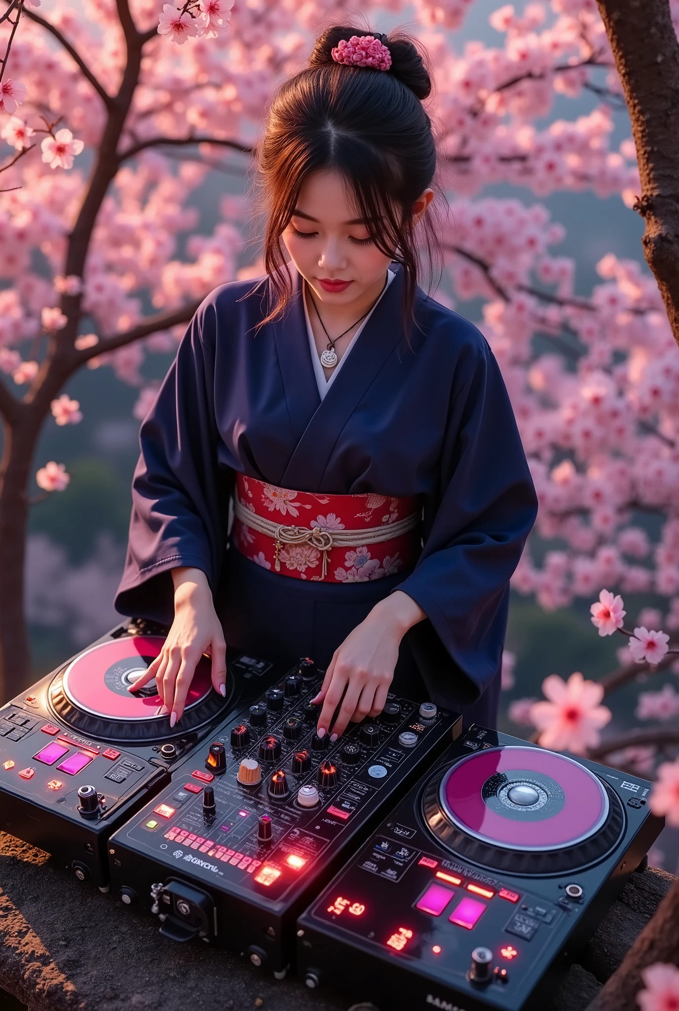 music that plays the arrival of spring, Attractive amazing composition, ((An adult female DJ wearing a Japanese kimono is operating sound equipment, from above, perspective looking down from the top of a cherry blossom tree), from above, Alone, (scratch the turntable, } mix Operate the equalizer of, Lacquered Sound Equipment, Traditional Craftsman's Craft,) The equipment with deep black mirror reflections beautifully adorns the color of the cherry blossoms, black light, Transparent black reflection, aesthetic luster and luster), dark blue traditional kimono, body that sways to the rhythm, Cherry blossoms fluttering with a small rhythm, petals flutter and flutter in a relaxed space of time, cherry blossoms adorn the blank、welcoming the arrival of spring, In a space that flows slowly、Create dynamic musical vibes, fantastic cherry blossom background, The joy of spring that comes with the dawn、Please create the joy of spring that comes with the dawn with absolute aesthetics, She smiles at you, The silence of a pitch-dark night, spring is coming soon...