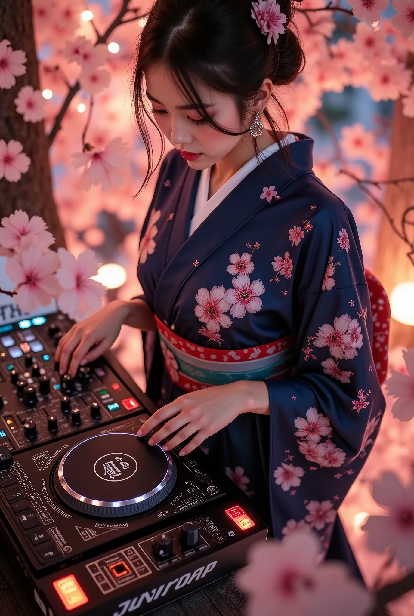 music that plays the arrival of spring, Attractive amazing composition, ((An adult female DJ wearing a Japanese kimono is operating sound equipment, from above, perspective looking down from the top of a cherry blossom tree), from above, Alone, (scratch the turntable, } mix Operate the equalizer of, Lacquered Sound Equipment, Traditional Craftsman's Craft,) equipment that mirror black beautifully adorns the color of cherry blossoms, black light, Transparent black reflection, aesthetic luster and luster), dark blue traditional kimono, body that sways to the rhythm, Cherry blossoms fluttering with a small rhythm, petals flutter and flutter in a relaxed space of time, cherry blossoms adorn the blank、welcoming the arrival of spring, In a space that flows slowly、Create dynamic musical vibes, fantastic cherry blossom background, The joy of spring that comes with the dawn、Please create the joy of spring that comes with the dawn with absolute aesthetics, spring is coming soon...