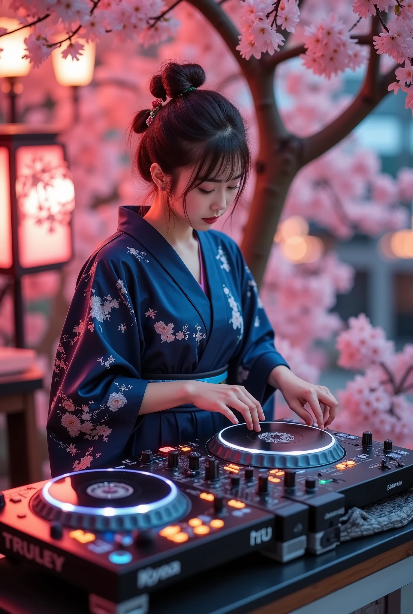 music that plays the arrival of spring, Attractive amazing composition, ((An adult female DJ wearing a Japanese kimono is operating sound equipment, from above, perspective looking down from the top of a cherry blossom tree), from above, Alone, (scratch the turntable, } mix Operate the equalizer of, Lacquered Sound Equipment, Traditional Craftsman's Craft,) equipment that mirror black beautifully adorns the color of cherry blossoms, black light, Transparent black reflection, aesthetic luster and luster), dark blue traditional kimono, body that sways to the rhythm, Cherry blossoms fluttering with a small rhythm, petals flutter and flutter in a relaxed space of time, cherry blossoms adorn the blank、welcoming the arrival of spring, In a space that flows slowly、Create dynamic musical vibes, fantastic cherry blossom background, The joy of spring that comes with the dawn、Please create the joy of spring that comes with the dawn with absolute aesthetics, spring is coming soon...