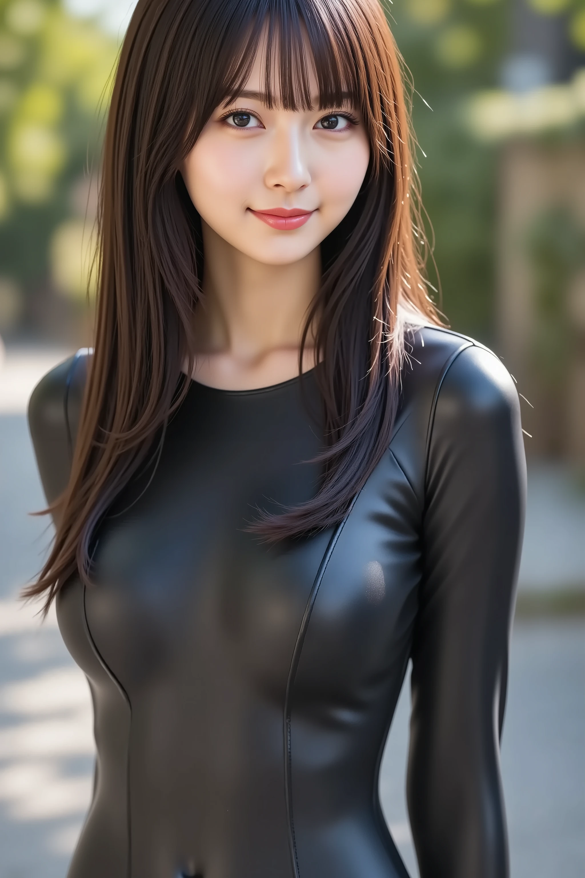 with the face positioned accurately in the center of the image, Upper chest,  fine, clean skin、head is fully reflected with tight tension, face is clearly visible as a full body shot, long sleeve black rubber suit that fits the body, Road Background、long black hair around my chest, Bangs, smile, young and cute Japanese face, OFFICIAL ART, high image quality CG Unity 8k wallpaper, Ultra high image quality, very detailed, high image quality, film grain, Lens Flare Glow, top quality, 8k, as a portrait, 8k, viewer,  masterpiece, top quality, very detailed,  it's cute, sexy, very detailedな, Detailed Features , beautiful, illustration of a woman having a penis, beautiful Japanese woman,  Women&#39;s 1, Tight chest