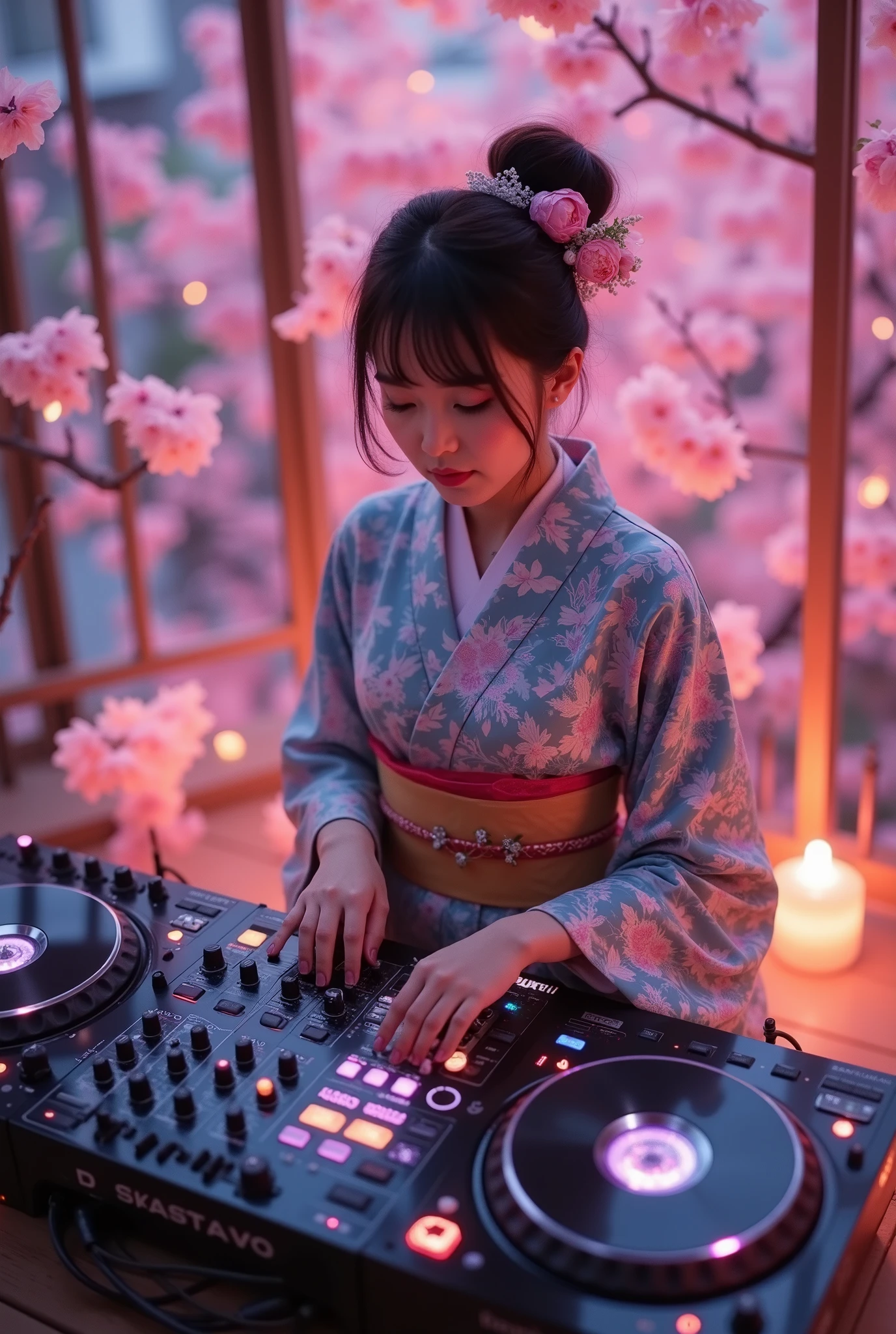 music that plays the arrival of spring, Attractive amazing composition, ((A female DJ wearing a Japanese kimono is operating the sound equipment, from above, perspective looking down from the top of a cherry blossom tree), from above, Alone, (scratch the turntable, } mix Operate the equalizer of, Lacquered Sound Equipment, Traditional Craftsman's Craft,) equipment that mirror black beautifully adorns the color of cherry blossoms, black light, Transparent black reflection, aesthetic luster and luster), dark blue traditional kimono, body that sways to the rhythm, Cherry blossoms fluttering with a small rhythm, petals flutter and flutter in a relaxed space of time, cherry blossoms adorn the blank、welcoming the arrival of spring, In a space that flows slowly、Create dynamic musical vibes, fantastic cherry blossom background, The joy of spring that comes with the dawn、Please create the joy of spring that comes with the dawn with absolute aesthetics, spring is coming soon...