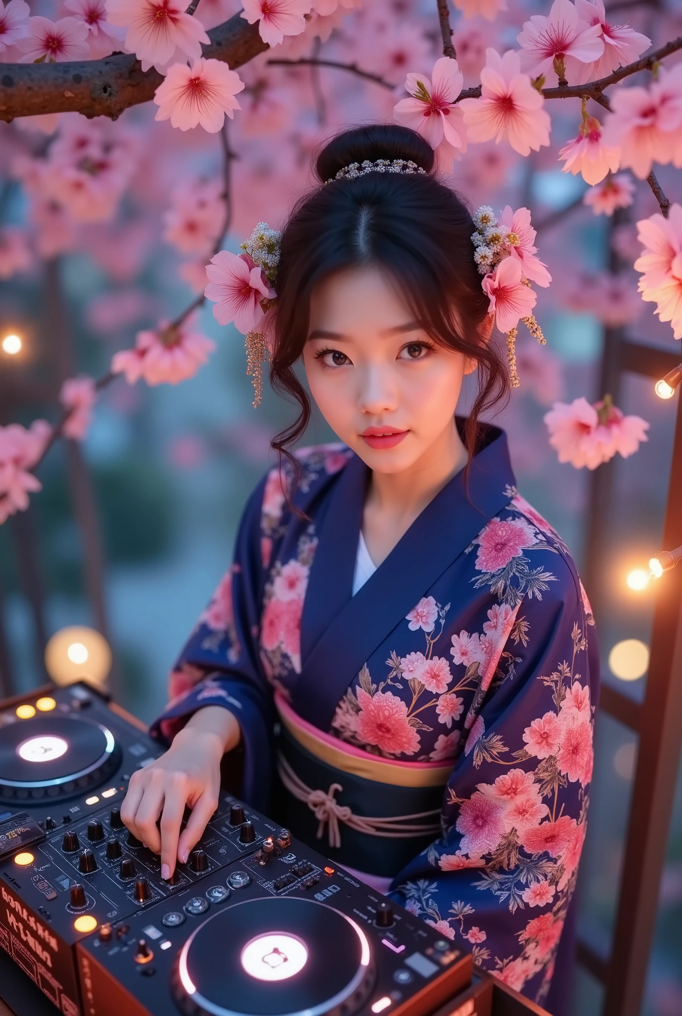 music that plays the arrival of spring, Attractive amazing composition, ((A female DJ wearing a Japanese kimono is operating the sound equipment, from above, perspective looking down from the top of a cherry blossom tree), from above, Alone, (scratch the turntable, } mix Operate the equalizer of, Lacquered Sound Equipment, Traditional Craftsman's Craft,) equipment that mirror black beautifully adorns the color of cherry blossoms, black light, Transparent black reflection, aesthetic luster and luster), dark blue traditional kimono, body that sways to the rhythm, Cherry blossoms fluttering with a small rhythm, petals flutter and flutter in a relaxed space of time, cherry blossoms adorn the blank、welcoming the arrival of spring, In a space that flows slowly、Create dynamic musical vibes, fantastic cherry blossom background, The joy of spring that comes with the dawn、Please create the joy of spring that comes with the dawn with absolute aesthetics, spring is coming soon...