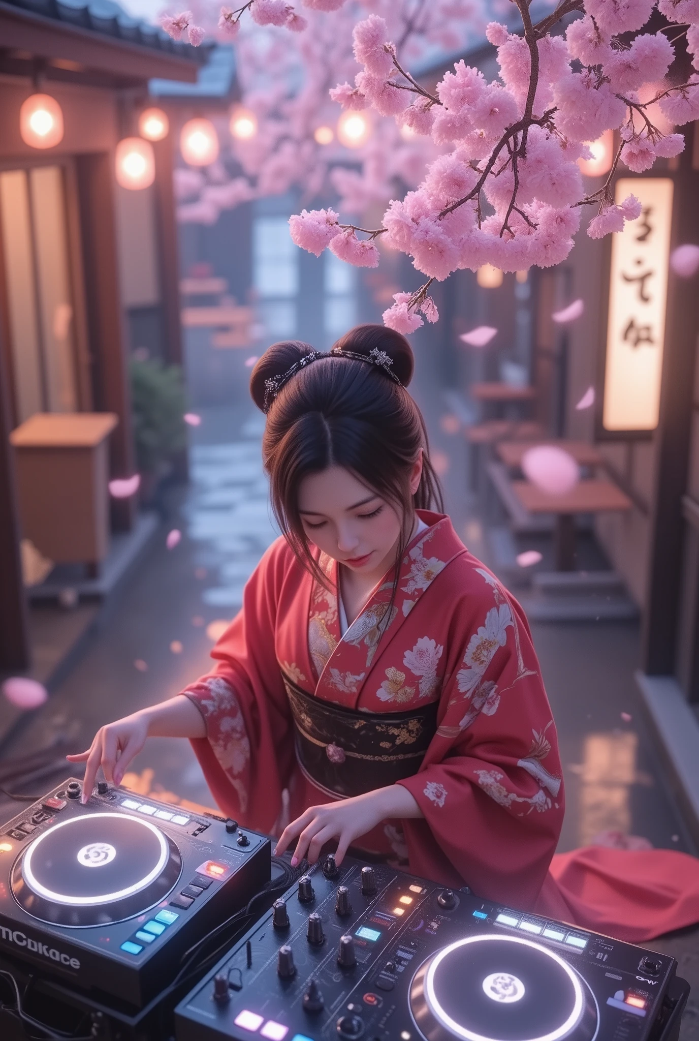 Music played by Spring is here, ((A female DJ wearing a Japanese kimono is operating the sound equipment, from above, perspective looking down from the top of a cherry blossom tree), from above, alone, (scratch the turntable, } mix Operate the equalizer of, Create dynamic musical vibes while holding down high-performance headphones,) The equipment with deep black mirror reflections beautifully adorns the color of the cherry blossoms, black light, Transparent black reflection, aesthetic luster and luster), dark blue traditional kimono, body that sways to the rhythm, Cherry blossoms fluttering with a small rhythm, petals flutter and flutter in a relaxed space of time, cherry blossoms adorn the blank、Spring is here welcome, In a space that flows slowly、Create dynamic musical vibes, Spring is here、Let's rejoice with absolute aesthetics, spring is coming soon...