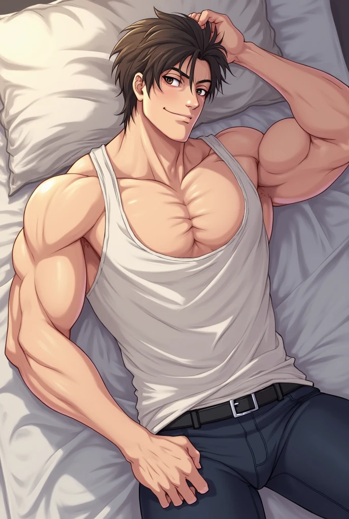 Roy Mustang from Full Metal Alchemist, wearing white swimsuit, bodybuilder, smug smile, defined body, shirtless, abs, big legs, with arms crossed, posing sideways, bedroom