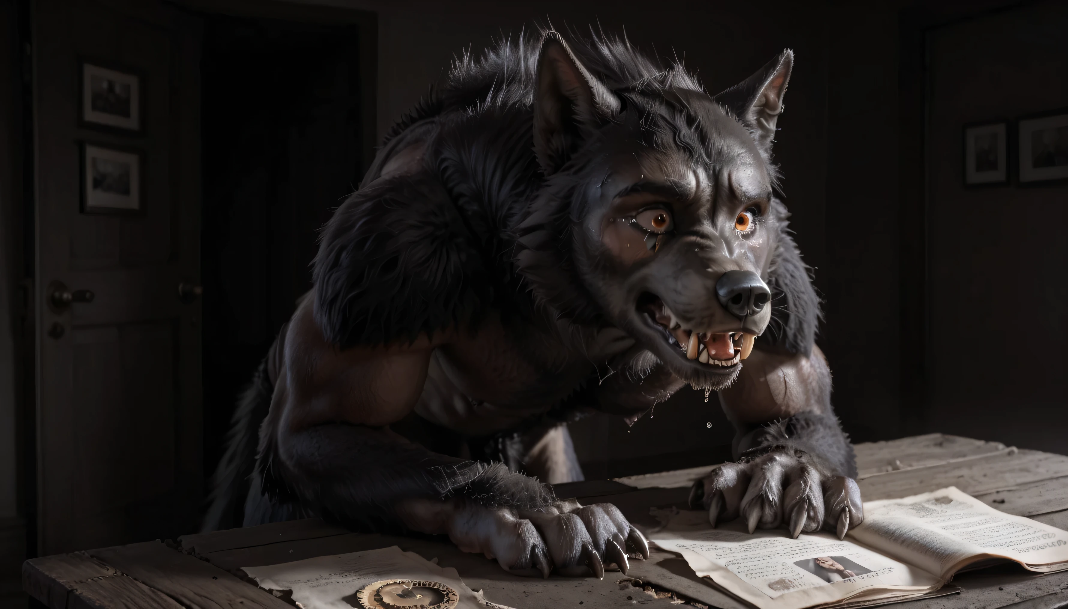 Wild wolf:1.3, Werewolf transformation, human, [werewolf: human:0.7], [arms: paws:0.7], fangs:0.8, female, [red human skin: fur: 0.5], [human face: snout:0.5], wolf nose, detailed fur, gradual fur, spread, shaking:1.1, crying, sweating, drooling:1.2, in pain:0.8, scared:0.8, confused:0.8, torn clothes:1.1, thick fingers through, deep night, ((darkness, dramatic moonlight, night)), abandoned cabin, scraps around, clothes scraps,((Ultra-detailed, Realistic, Photorealistic, photo-realistic:1.37), 4k, 8k, RAW, HDR, UHD, Canon EOS P3, Canon EOS R3, 85mm f/1.4, 15mm, 35mm, award winning photo, 80mm, f2.8, high resolution, hd, full colour, 4k, high definition, 3 point lighting, sharp focus, smooth, Professional, cinematic, extreme detail, (high detail:1.4) description, masterpiece, deep shades, best quality,))