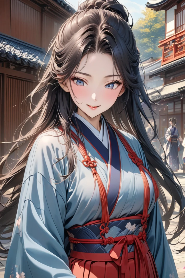 one beautiful woman、((highest quality、8K masterpiece:1.3))、sharp focus:1.2、(super beautiful face:1.0)、(shiny skin:1.0)、realistic pictures、black hair、video writing、High resolution eyes and face、video writing、japanese actress、from the front、Medium chest、shy smile、The beauty of slender abs、whole body、kimono、 obiAt the shrine