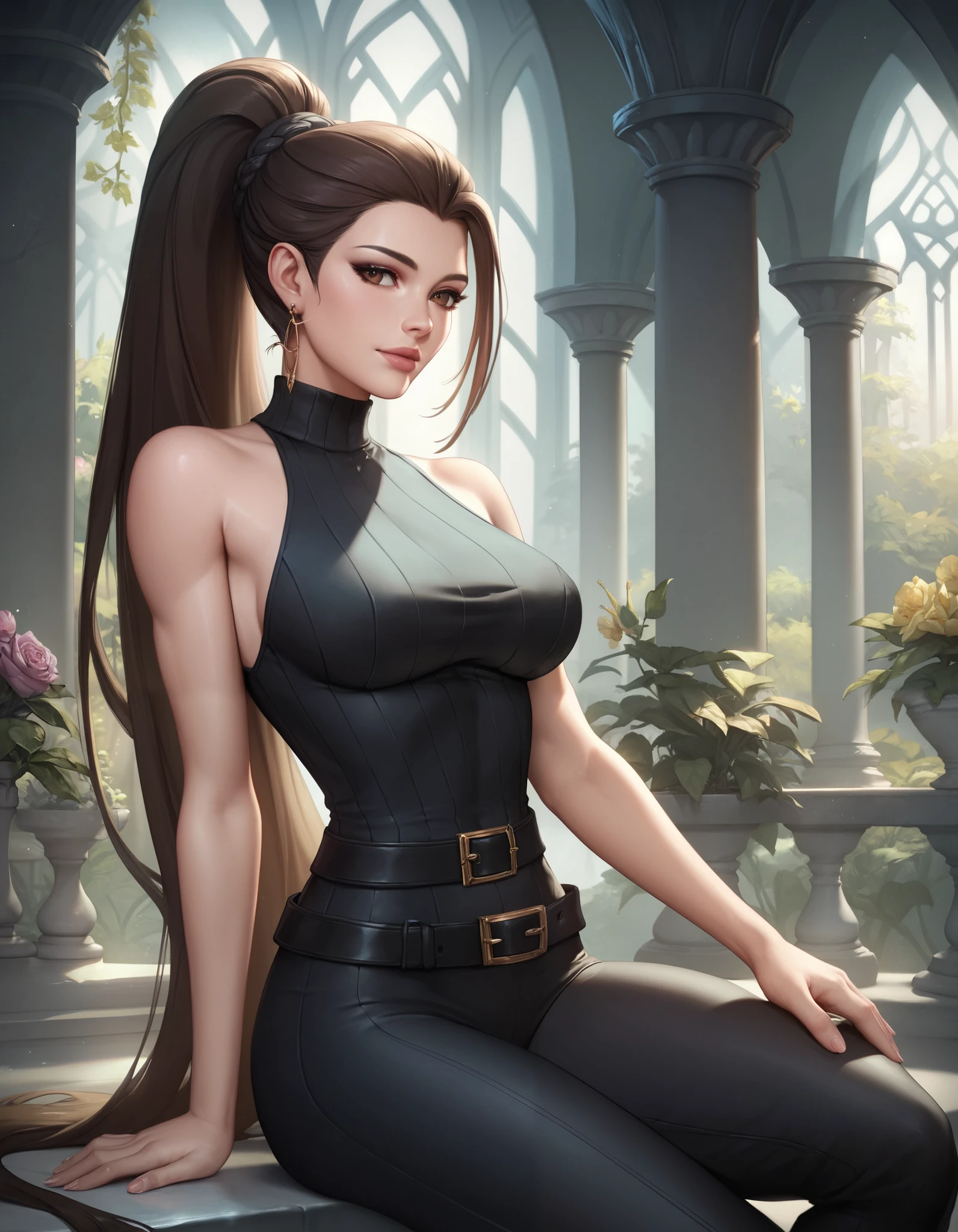 hyper realistic, highly detailed masterpiece of beautiful Pharah from Overwatch, (sitting on thrown:1.3), curvy thick body , tanned skin , black braided hair, perfect face features, thick kissable lips, golden eyes, thick eyebrows, eyelashes, thin nose, glowing eyes, thick eyeliner, golden accessories, jewelries, muscular body shape , wearing white see through nuisette , seductive look, (see-through dress:0.99), nipples, OverallDetail,