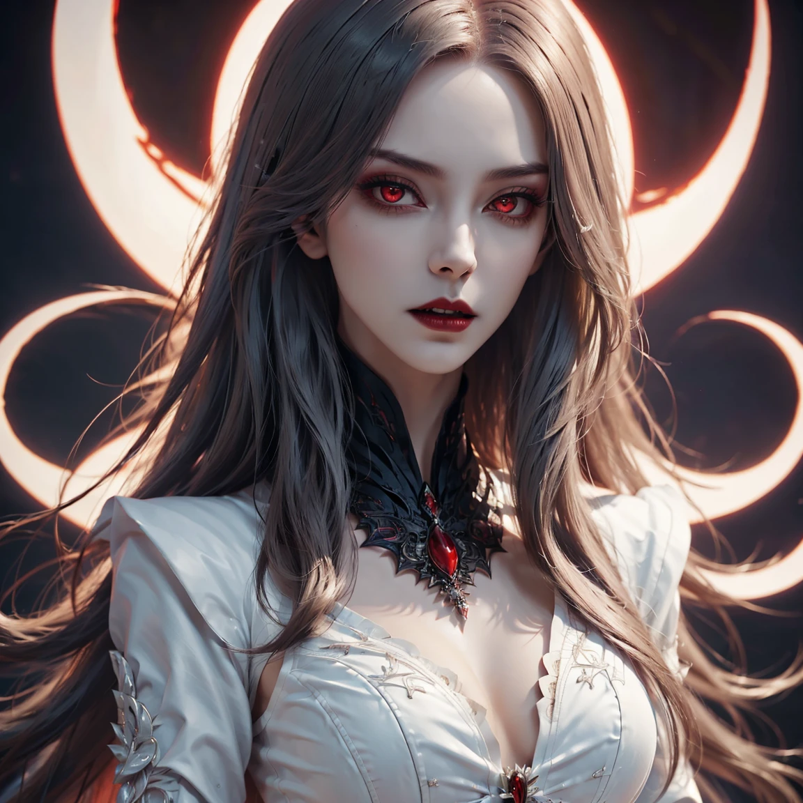 (best quality,4k,8k,high resolution,masterpiece:1.2),Super detailed,(actual,photoactual,photo-actual:1.37),gothic style,The atmosphere is gloomy,dark shadow,weird,unforgettable beauty,vampire girl,delicate eyes,Pale complexion,raven black hair,flowing long skirt,night view,Mysterious moonlight,hint of blood red,Gloomy and mysterious,Palette: deep black and rich purple,dramatic lighting,Ethereal and supernatural beings