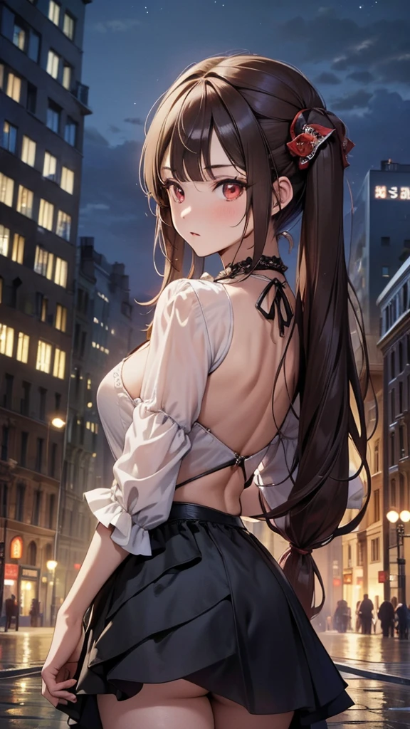 masterpiece, best quality, HuTaoV4, 1girl, solo, blush, twintails, long hair, hair between eyes, ((streetwear clothes)), city, outdoors, night, movie poster, extremely detailed 8K, smooth, high resolution, ultra quality, cinematic lighting, ambient occlusion, hd, 2k, 4k, 8k, 16k, extremely detailed anime, detailed faces, perfect composition, wide shot, atmospheric lighting, very sexy, lift skirt, random low back angle, uncensored, nsfw, sin censura