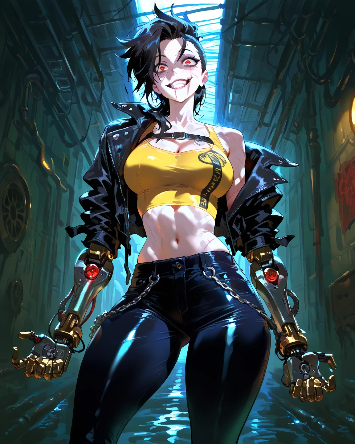 Masterpiece, best quality, Kentaro Miura shonen jump cover depicting a sassy athletic elven mature female street dancer with (buzzcut:1.2) red hair, flat chest, tattoos and wide hips, wearing streetwear (low-rise) baggy pants and short cropped blouse showcasing (underboob) and midriff, walking casually in a post apocalyptic hellscape, smiling mischievously, floating hearts, (colorful), red sky