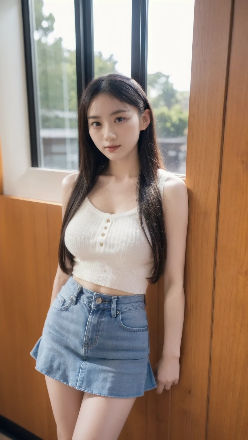 1 Girl,bookshops,Soft Light,Chinese Beauty,Tank top,Pleated Skirt,Sexy,Long hair