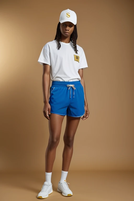 -yeld borown skin,Extra short shorts,Slender legs,largeeyes,short detailed hair,Tall and thin,fully body photo,Blue socks,No shoes,A junior high school student,ssmile