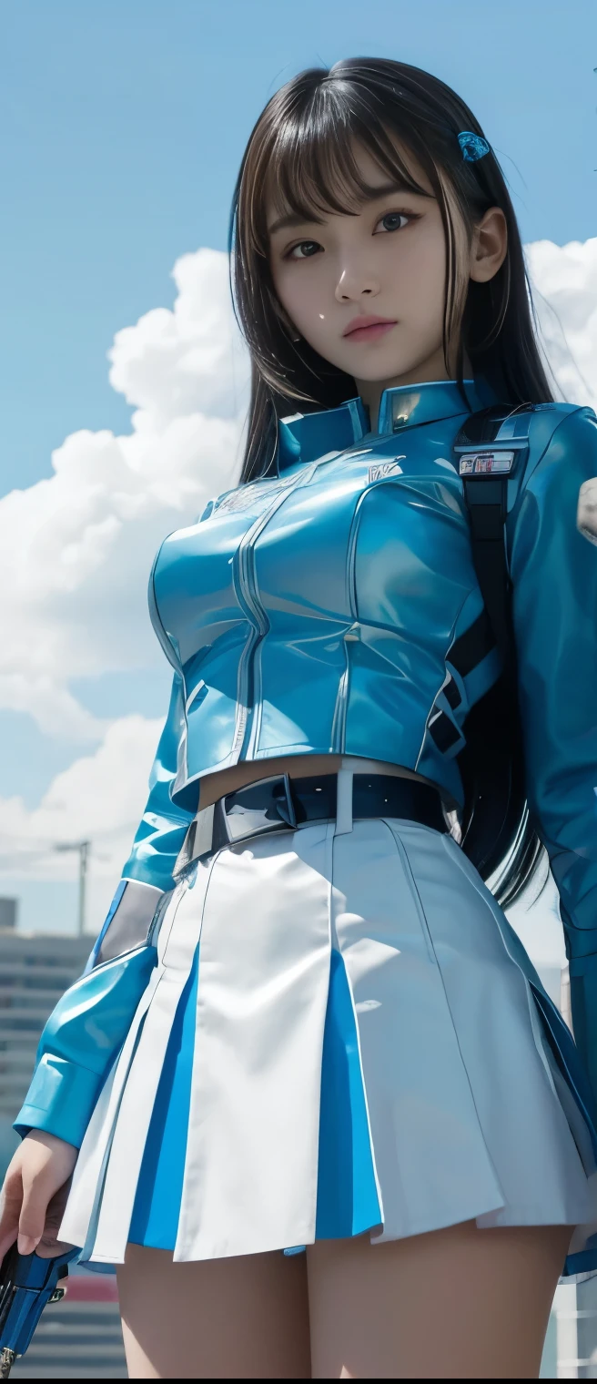 pure cyberpunk idol girl、A pure girl's face、 hypo、white and sky blue miniskirt uniform、Cloud Belt、Glowing Sky Sword