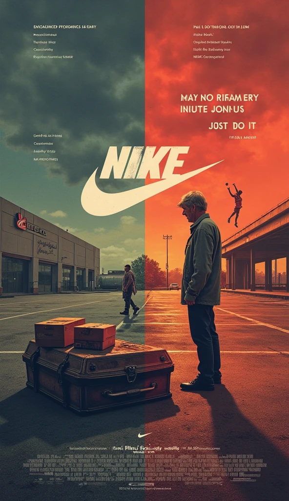 Create a hyper-realistic image depicting a catastrophic 50% drop in Nike's stock market value, symbolizing a severe and apocalyptic market crash. The atmosphere should be dark with the nike logo, ominous, and diabolical, evoking a sense of overwhelming crisis. The background should be a gloomy, stormy sky with swirling dark clouds and flashes of lightning, casting an eerie glow over a shattered stock market graph that shows a dramatic plummet.
In the foreground, show a group of high-ranking Nike executives in disarray, their expressions a mix of fear, panic, and despair. Their eyes should be wide with terror, some clutching their heads in disbelief, others frantically trying to salvage what they can. The surroundings should include burning stock certificates and crumpled financial reports scattered across a large conference table, with a large Nike logo that is cracked and crumbling.
Subtle details should include dark shadows looming over the executives, suggesting an almost supernatural force behind the crisis. The overall color palette should be dominated by deep reds, blacks, and grays, enhancing the atmosphere of doom and destruction. The image should capture the intensity and chaos of the situation, making it clear that this is a catastrophic event with dire consequences.