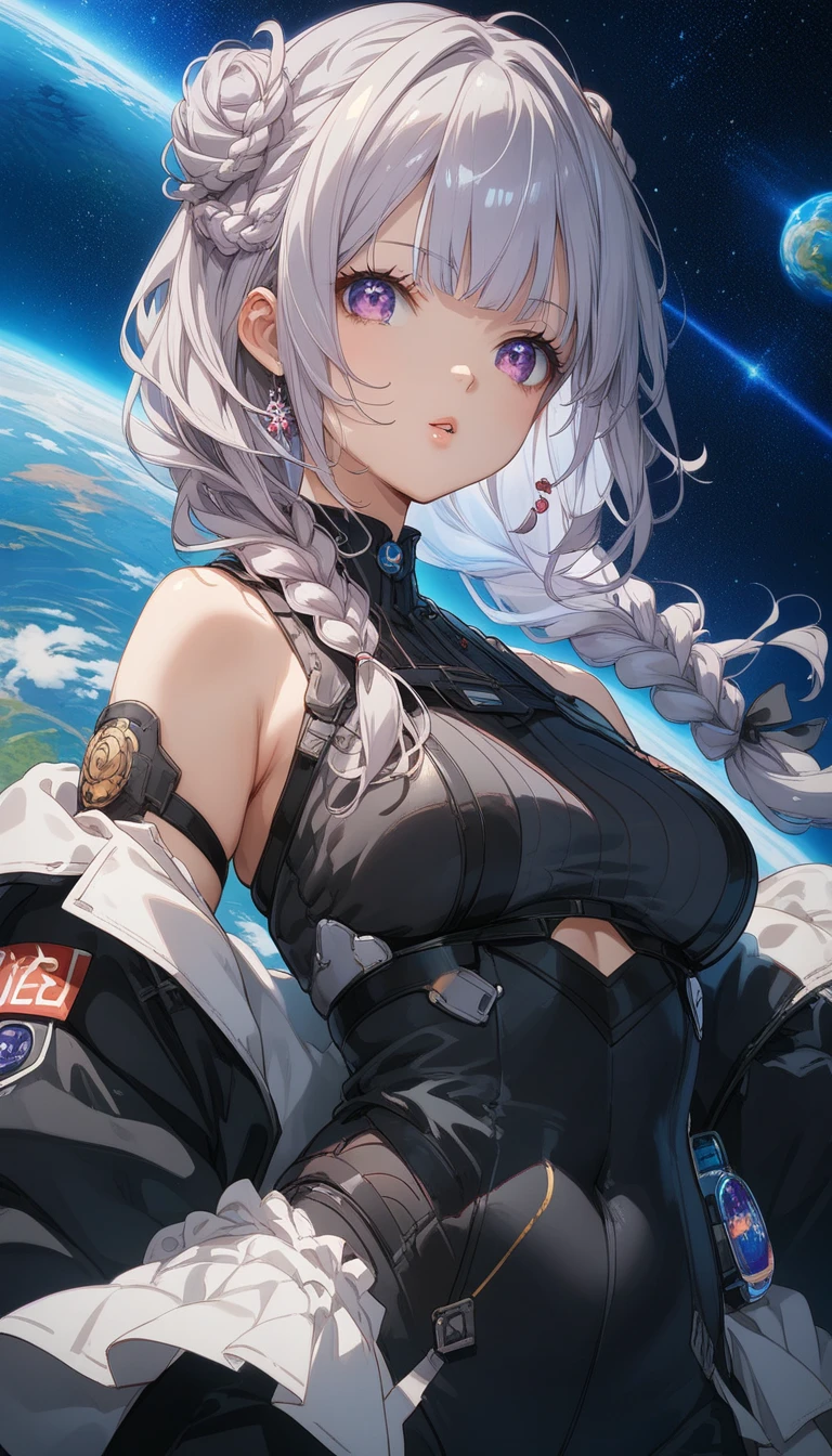 最high quality、best image quality、masterpiece、teenage girl((18-year-old、 By becoming、vest bust、medium bust,wide open breast tea、black eye, gray hair、long hair、thin,highest valley、Love of the Universe、Cosmic dress、sit、open your legs、Bad attitude)),high quality、beautiful art、background((glowing chair,Lunar surface、Mysterious space、dancing white wings、glowing laser))debris flies、Depth of written boundary、movie、visual art、perfect art、8K,genuine