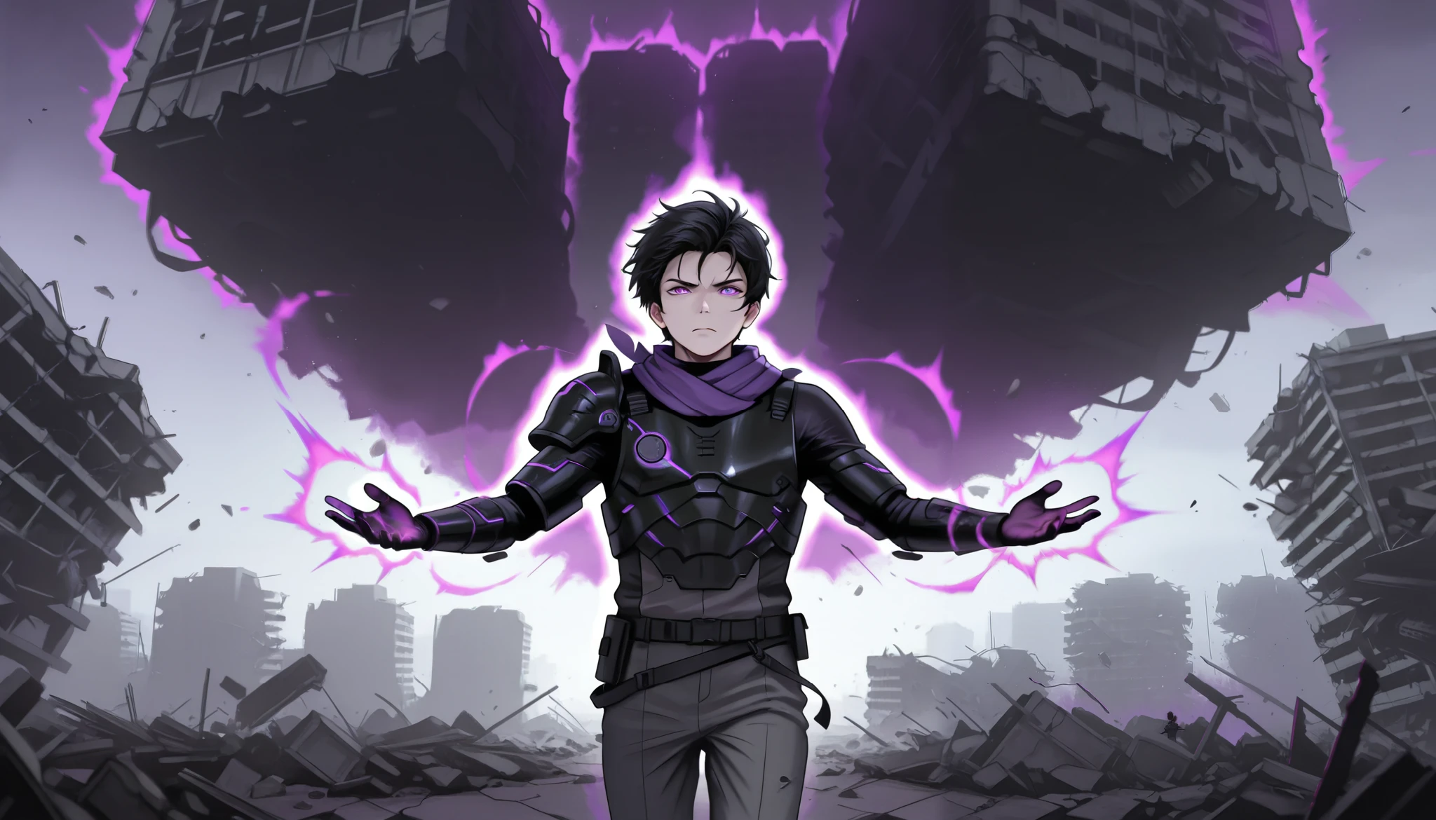 1 boy, solo, black hair, short hair, Purple eyes, serious expression, Black body suit, Gray pants, Black carbon chest plate, Black carbon pauldron, Purple scarf, Purple aura around hands, telekenesis, arms reaching out, zoomed out, Destroyed building in the background, elekenesis, floating building with purple aura, ruins, post-apocalypse