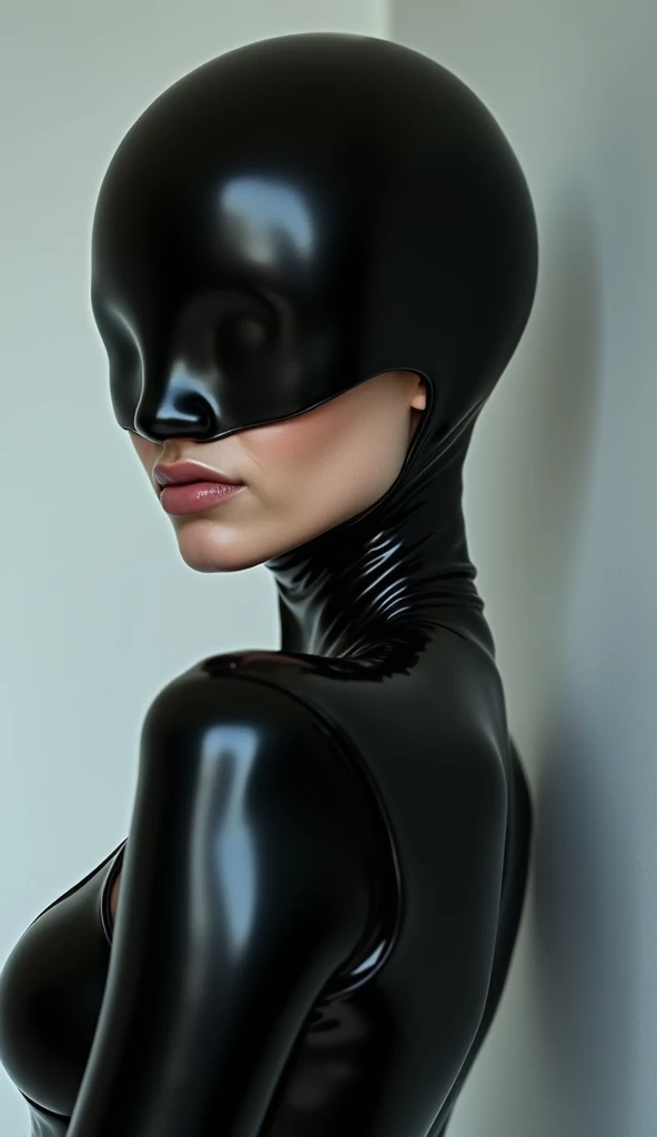 solo, woman,suru, wol, medium,breasts,silver latex catsuit,white background