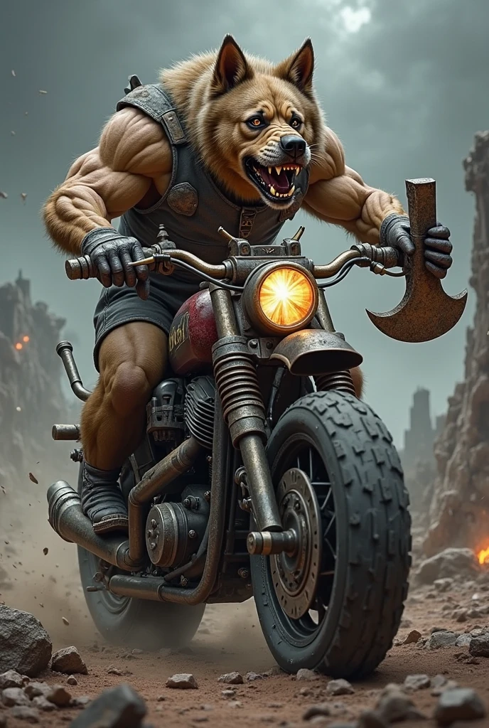 Werewolf, orange fur, bitone, white chest fur, black beard, green eyes, realistic eyes, posted on e621, furry body, anthro body, anthro werewolf, claws on hands, werewolf, solo, male, adult, masculine, (very muscular, large muscles, buff:1.2), correct anatomy, (caricaturized image, detailed fur, epic, masterpiece:1.2), green short pants, big bulge, has a black chain collar, collar in his neck, in the beach (human people in the back), sitted in a black motorcycle, double purpose motorcycle, all terrain motorcycle, sexy shadows, (by echin, by Taran Fiddler, by Juiceps, by Rukis), (detailed eyes:1.2), impressive physique, strong pose, proud, smiling, flexing biceps with one arm, seductive face, looking at camera