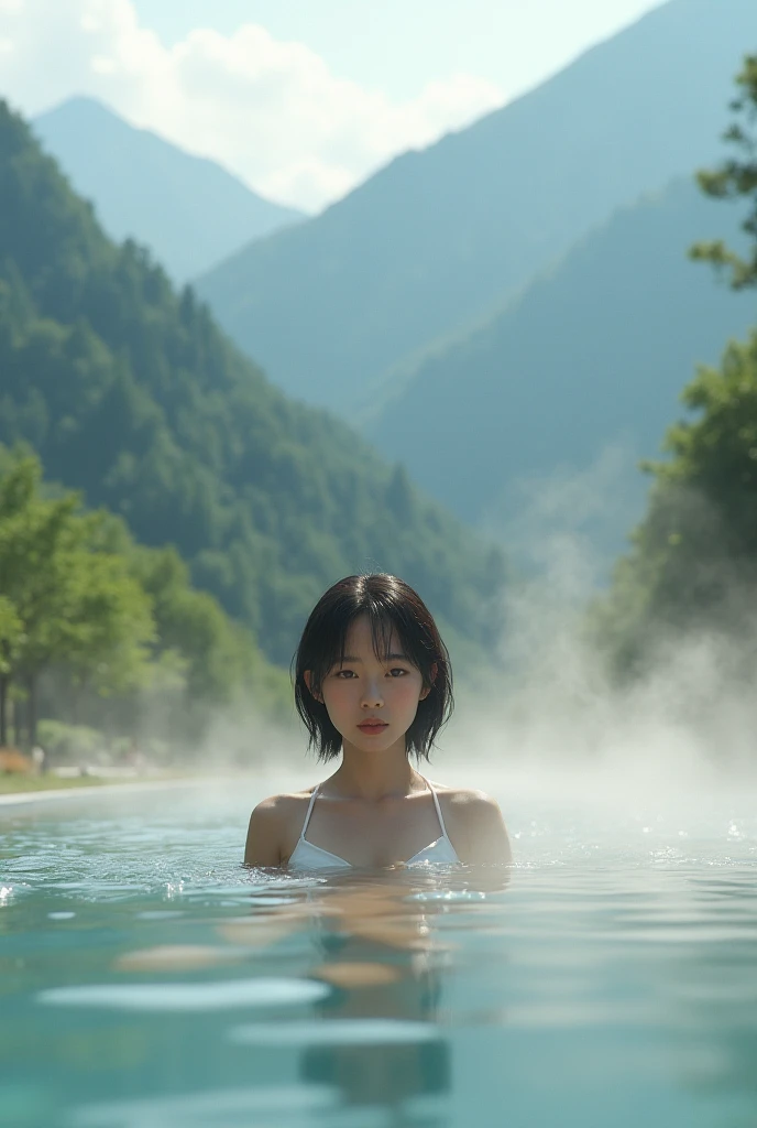 High resolution, masterpiece, Highest quality, One person, Japanese, Cute Face、Looking up at the sky、Close ~ eyes、White Breath、Brown Hair, Bob Cut Hair, white swimsuit、Large Breasts:1.4, Sweat、Wet Hair、Wet body、Beautiful snowy birch forest、The background is a beautiful snowy birch forest、Sleeping in an infinity chair、Background Blur, Lens flare, movie, 