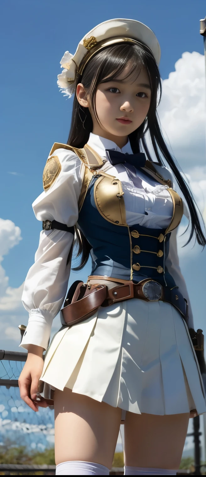 Pure Steampunk Idol Girl、A pure girl's face、 hypo、white and sky blue mini uniform standing on a big cloud、Cloud Belt、Glowing Sky Sword、Standing on a big cloud