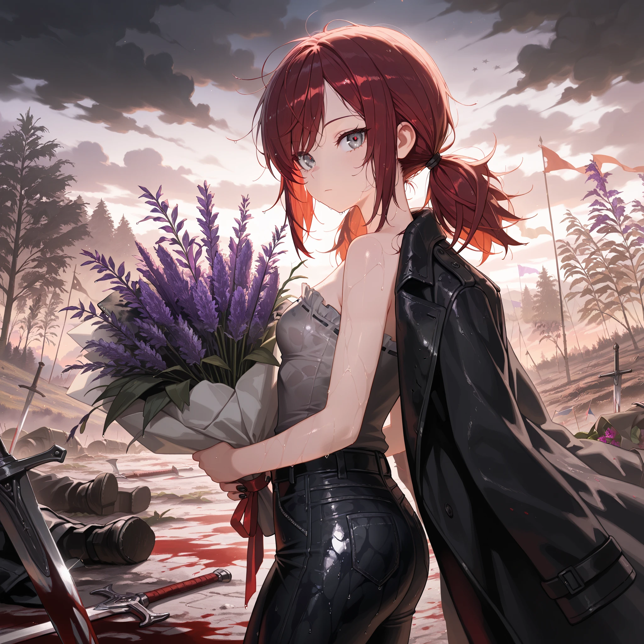 (masterpiece:1.2, Best Quality), (finely detailed beautiful eye: 1.2), (beautiful detailed face), (masterpiece:1.2, Best Quality), (finely detailed beautiful eye: 1.2), (beautiful detailed face), solo, close up, from side, thin girl, holding bouquet of purple flowers, expressionless, :l, Gray eyes, dark red hair, swept bangs, low twin tails, white ribbons, strapless sleeveless shirt, gray shirt, shirt with white trim, frill trim, black coat worn over shoulders, black jeans, black nails, thin thighs, thin legs, dusk, willow tree leaves, close up, messy hair, stoic, shadowy aura, battlefield, dusk, few stars, dark clouds, puddles, wet clothes, wet skin, wet hair, blood splatters, flags, swords, smoke, walking over dead armored men, s, blood splatters, stars, charred wasteland,