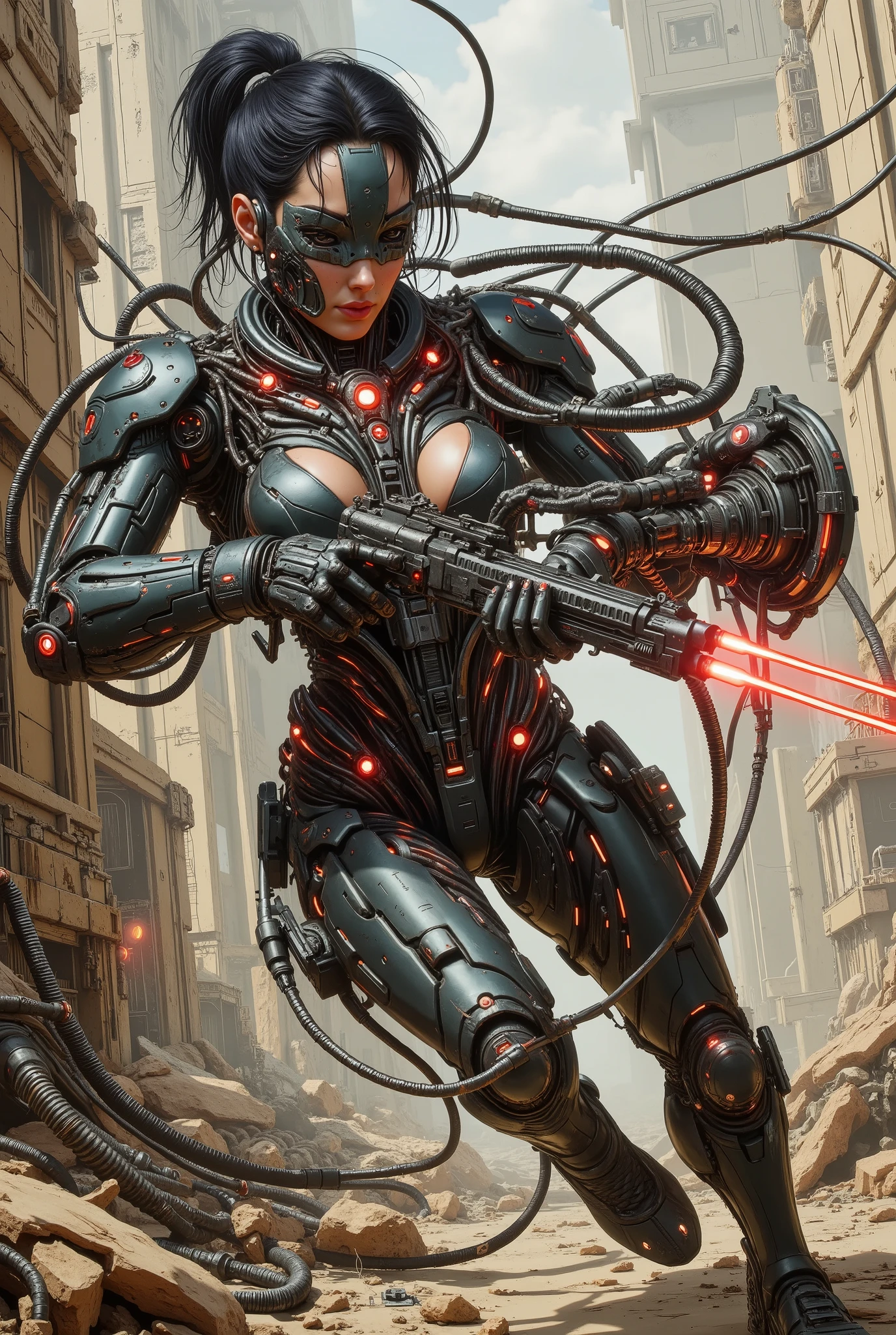 Heavily damaged and rusted mechanical futuristic female cyborg killer shoots high-tech weapons, in an acrobatic leap, focused gaze towards the shot, dynamic pose, high-tech armor, once sharp edges are now tarnished by dirt and heavy use, red laser beams rest on the body holding the object at gunpoint, gloomy futuristic environment, deserted battlefield Amidst a tangle of exposed wires, cables, and twisted metal debris, flat color illustration of an object in dusty brown and gray tones, detailed textures, cinematic composition, science fiction