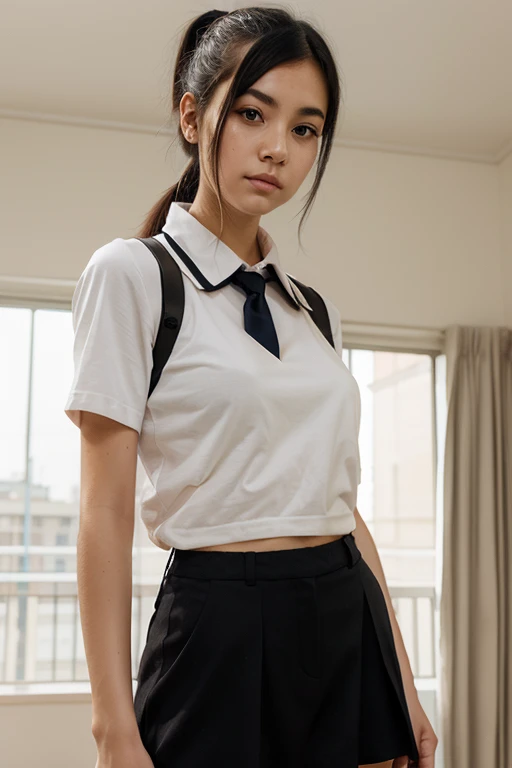 (8K, RAW photography, top-quality, tmasterpiece:1.2), A woman who is、18 year old Japan,full bodyesbian.{Movie Angle、wide angles}(Realistic skin 1.4)、(((female high-school student、School uniforms、)))、{{{It's standing}}((School uniforms、Cut the shirt、pleatedskirt、pump、))、50mm lens、30 mm film、wide angles、(Long、hair straight、)、(brunette color hair、The forehead is covered by bangs、)、Black eyes、shiny skins.beautiful delicate face、Beautiful delicate eyes、{smallunderboob、Sexy body type、Thick thighs}、Make a hole in each ear、simple background、Gray background、