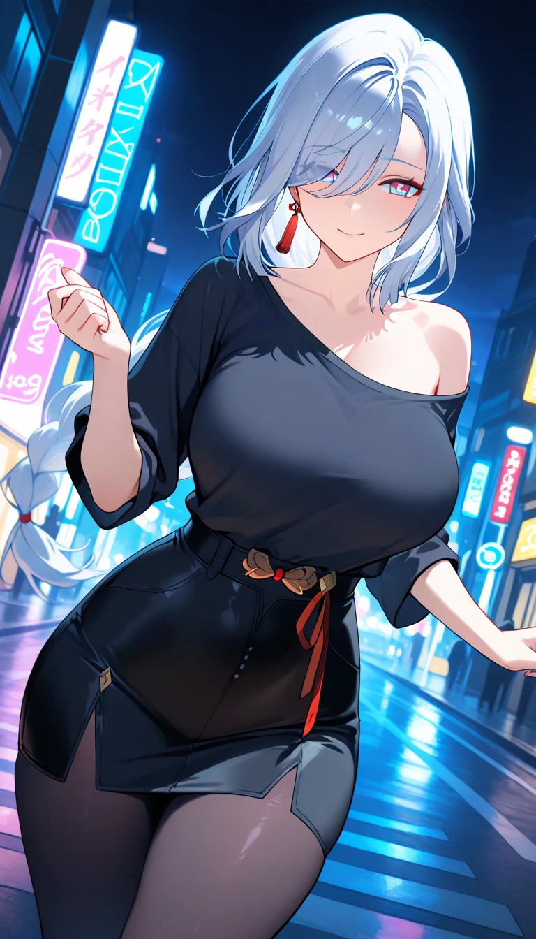 (Highest quality, High resolution, masterpiece :1.3), Beautiful woman, Slim figure, Silver Hair, T-Shirts, (Night city street), Highly detailed face and skin texture, Detailed eyes, double eyelid