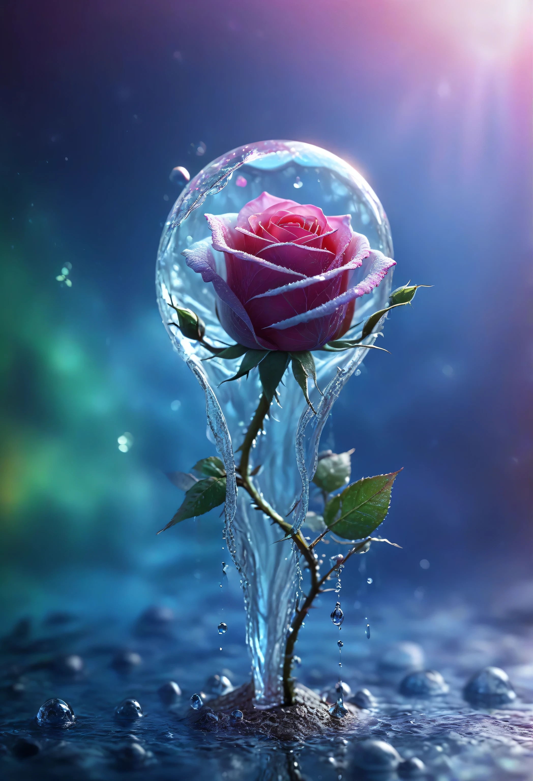 macro photo, sparkling magical fantasy glass frozen Water glow Rose senoz font name in rainbow colour glowing in background dewdrop, very detailed, amazing quality, intricate, cinematic light, highly detail, beautiful, surreal, dramatic, galaxy fantasy colors, senoz font name rainbow colour glowing in background