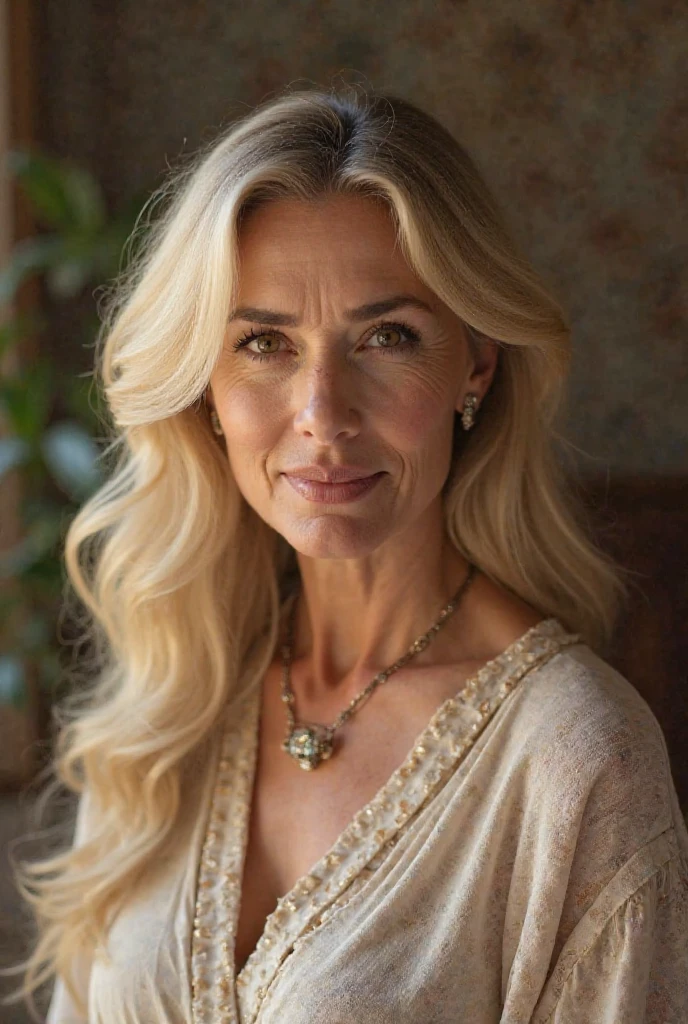 Photo of mature American woman,A MILF,Beautiful face,Curly blonde hair,No bra,visible nipple, wrinkles, oud, Necklace, Crowded paper room, gros-plan, Neutral colors, Barren land,huge-breasted,Round breasts,Big cleavage,See-through clothing,See-through Cardigan Sports Bra,toppless