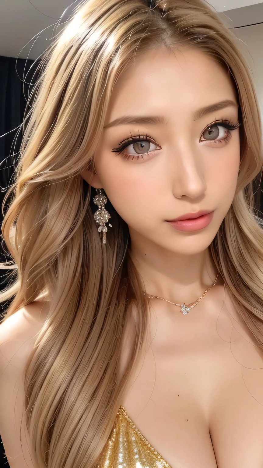 ( Cowboy Shooting 、 Best Quality、8k、winning work、 ultra high definition )、beautiful woman、( Show off your perfect body with a black sweater , sexy cleavage :1.1)、 Kisses for you 、^_^Shine Glitter Lip Gloss、Metallic Lip、METALLIC LIQUID LIP COLOR,metallic lips, big lips,x ornament , ornament , duck face, Duck mouth、Focus on thick lips, Pink Metallic Lips Gloss、(blonde:1.1)、soft, Thin, Beautiful Lips、Perfect Gal Makeup、 bright and shiny lipstick 、Very sexy lips、( very heavy women's makeup :1.2)、( dark brown around the eyes is beige:1.1)、Beautiful Bright Eye Shadow、 Dark Makeup 、(Big Breasts:1.2)、 Very Long Wavy Hair 、(Romantic affection:1.1)、 I have the best smile when I look in the mirror 、( many women emphasize their body lines.....................:1.1)、( strongly blurry、 Clear Images of Luxury Hotel Pool Night :1.1)、( strongly blurry background:1.1)、Accurate Anatomy、ultra HD hair、( Ultra High Definition Perfect Beautiful Teeth:1.1)、Beautiful ultra-high definition face 、 Ultra HD Curly Super Long Hair 、 See-through bangs、Ultra HD Shining Eyes、Shining Ultra High Definition Beautiful Skin、 Ultra High Definition Glossy Lips 、harry winston necklace