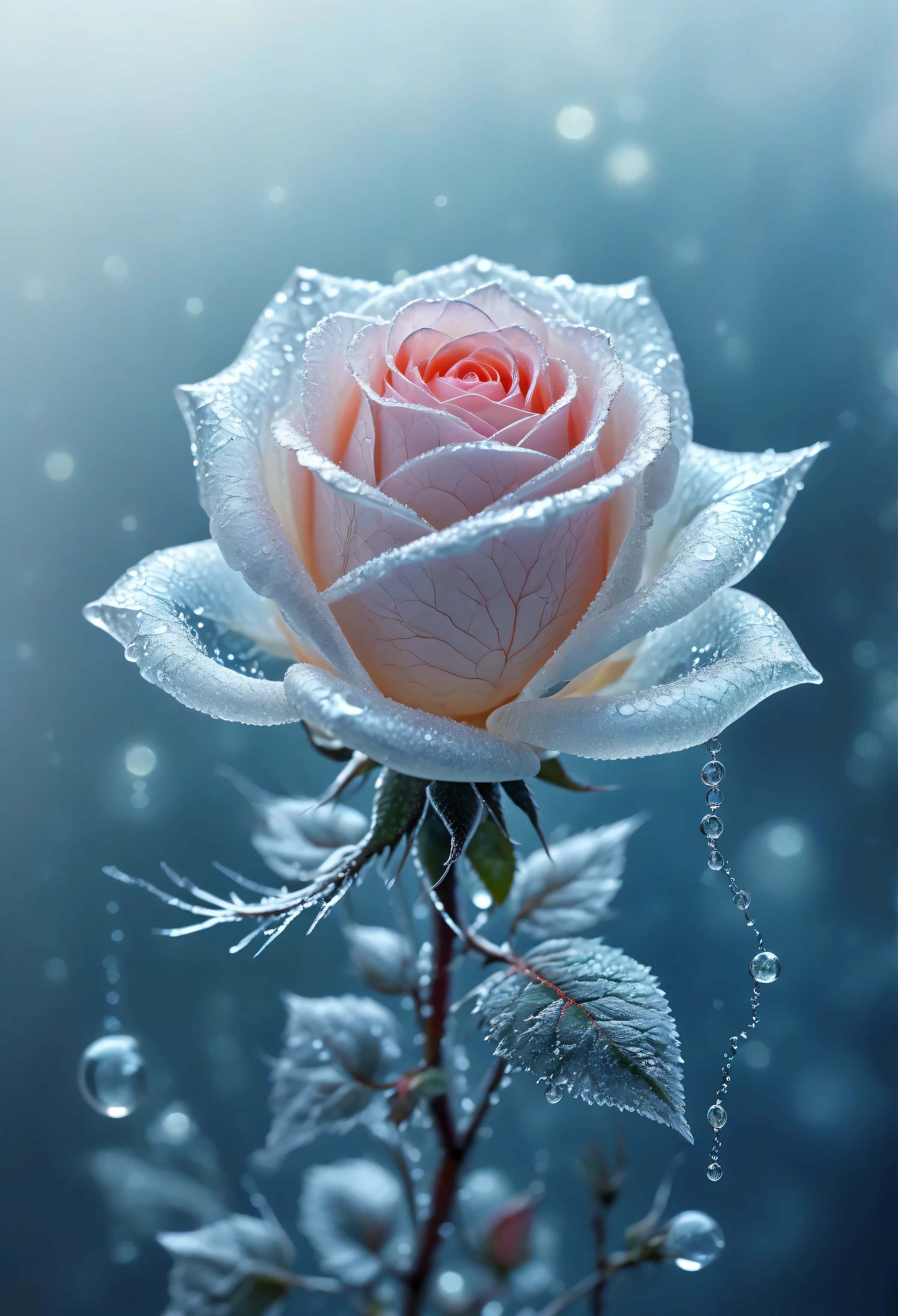 macro photo, sparkling magical fantasy glass frozen white glow Rose dewdrop, very detailed, amazing quality, intricate, cinematic light, highly detail, beautiful, surreal, dramatic, galaxy fantasy colors,