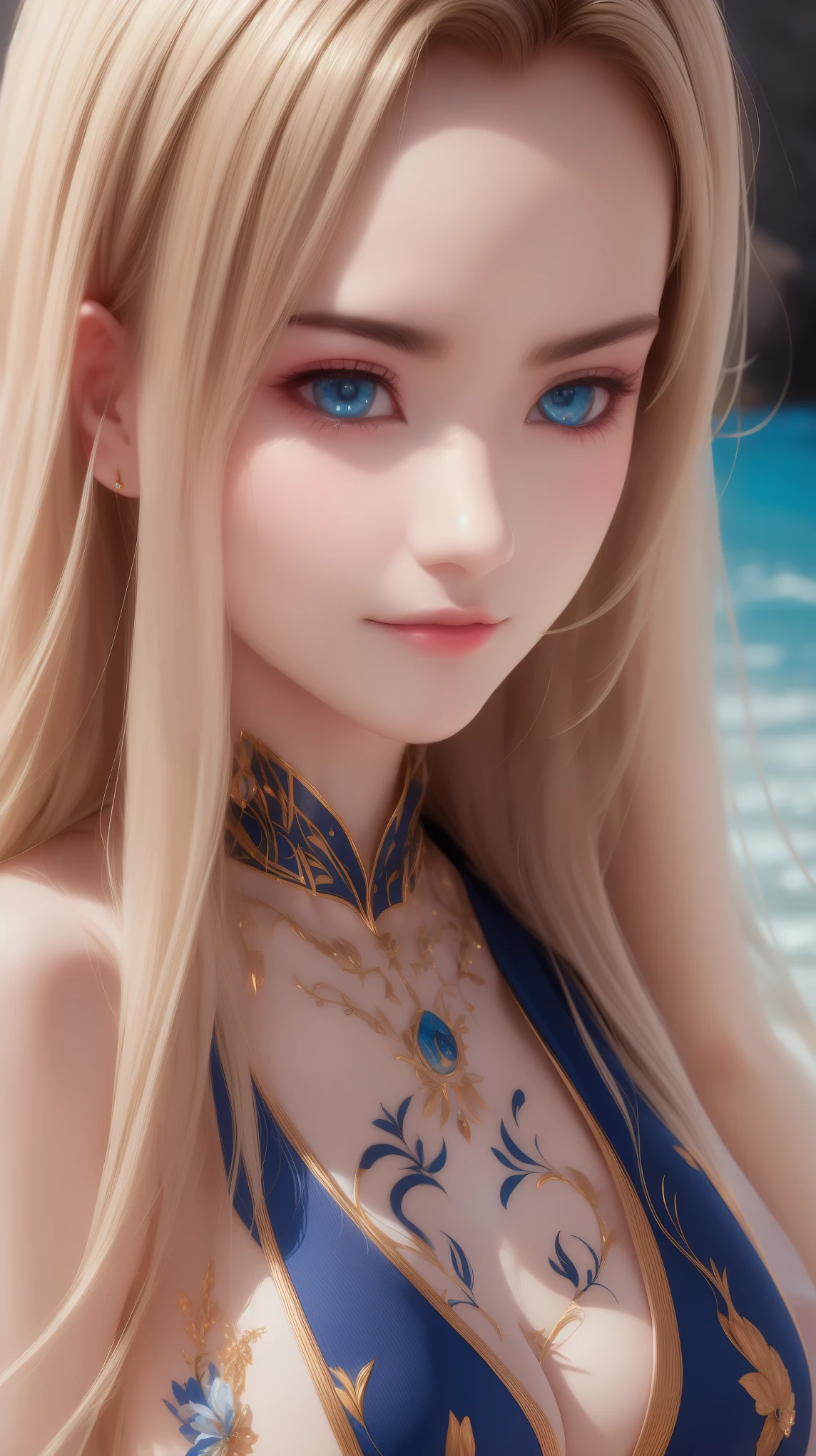 Witness the ultimate masterpiece of art with our AI platform – stunning 8k ultra HD renderings of a beautiful Pakistani woman adorned with intricate tattoos, Play on the beach with blonde hair and piercing blue eyes.