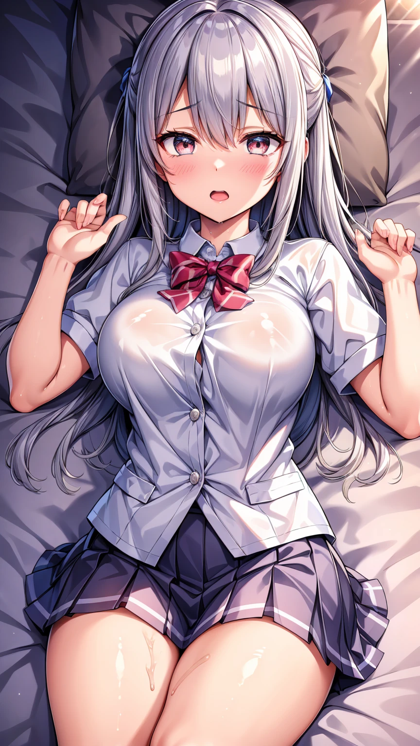 Tabletop, highest quality, wallpaper, Super detailed, Absurd beauty,、evening、Backlight、bionde、Long Hair、Wavy Hair,single hair bun、standard weight、Large Breasts、（school uniform、open clothes):1.1,(sexual climax,nose blush,saliva,closed eyes):1.1、(1man and 1girl are having sex  on bed)1.2、man on top、bird’s-eye view、Bare your breasts、Exposing the breasts、Nipples、pussy big penis