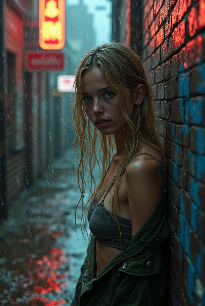 Extreme Close-Up, Fisheye Lens, (Sadie Wilkinson in a white bodysuit, raindrops glistening on her eyelashes, contemplative expression), Moody Atmosphere, (standing beneath a solitary streetlight in a deserted alleyway, rain cascading), (10mm lens, Nikon Z6 II, haunting ambiance, trending on Pinterest), by Sally Mann and Francesca Woodman and Joel-Peter Witkin