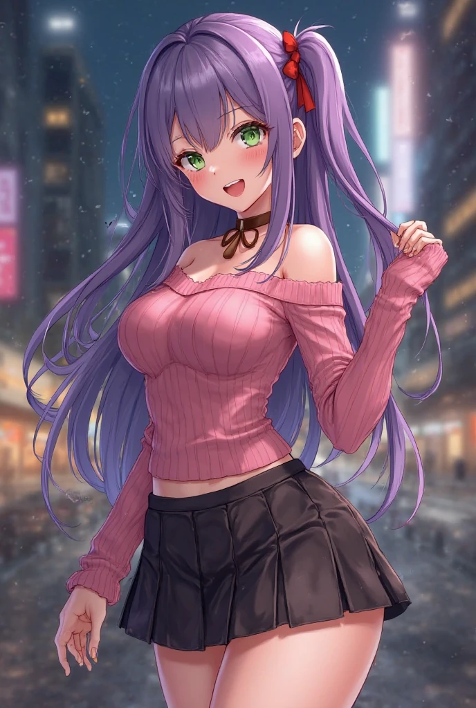 masterpiece、Highest quality、Midnight Town、Waiting for the night、Neon waiting、Detailed Background、(Black knee socks、Pleated skirt、Checked skirt、uniform、tie、White shirt、Hair Scrunchie、Ultra mini skirt、Cowboy Shot、Beautiful Face、Green Hair、Pink mesh hair、Gradient Hair)、(Blushed:1.5)、((Magenta Eyes、Heart Pupil))、、(Erotic pose)、 Cardigan to wrap around the waist、Cleavage