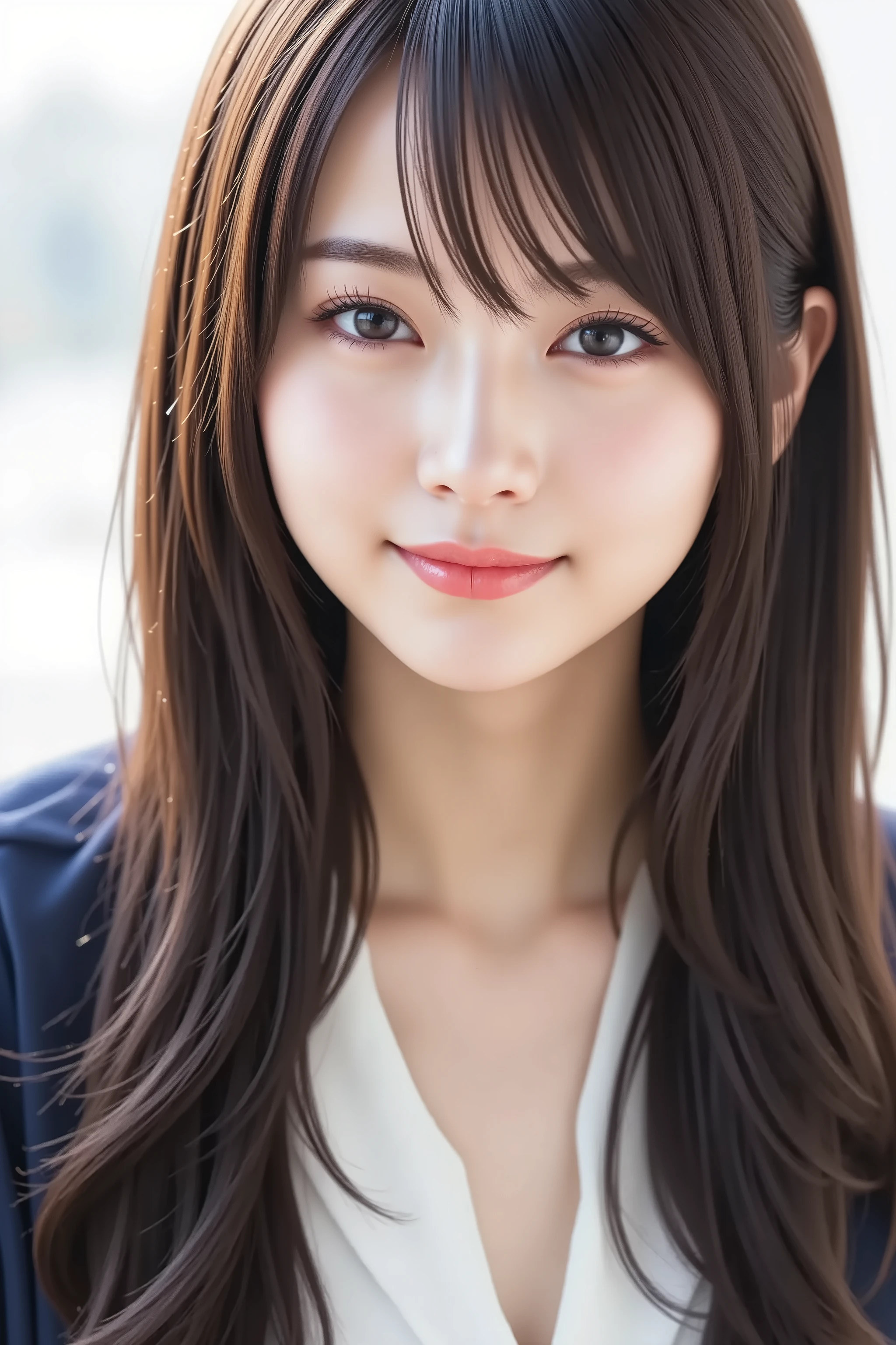 The face is positioned exactly in the center of the image , black hair , Tight Chest 、, the entire head is fully reflected , Face clearly visible、white blouse with collar and navy jacket, Women's Room Background , long hair、bungs, smile, young and cute japanese face , OFFICIAL ART, high image quality CG Unity 8k wallpaper,Ultra high image quality , is very well detailed, high image quality , film grain , Lens Flare Glow , top quality ,8k, as a portrait shot ,8k, viewer , masterpiece,top quality ,is very well detailed, it's cute ,sexy,is very well detailedな,detailware features ,beautiful, illustration , beautiful Japanese woman, ladies 1
