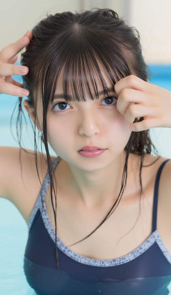 one girl, (a beauty girl, delicate girl:1.3), (:1.3),
break, (Navy blue school swimsuit:1.3),
break, Extremely detailed clarity, (Symmetrical eyes:1.3),
break, (School swimming pool, Outdoor:1.3), 
break, Small breasts, Brown eyes, Parted bangs, Brown Hair,  girl,
break, (Eye and facial details:1.0),
break, (masterpiece, highest quality, Very detailed, Detailed face, 8k)