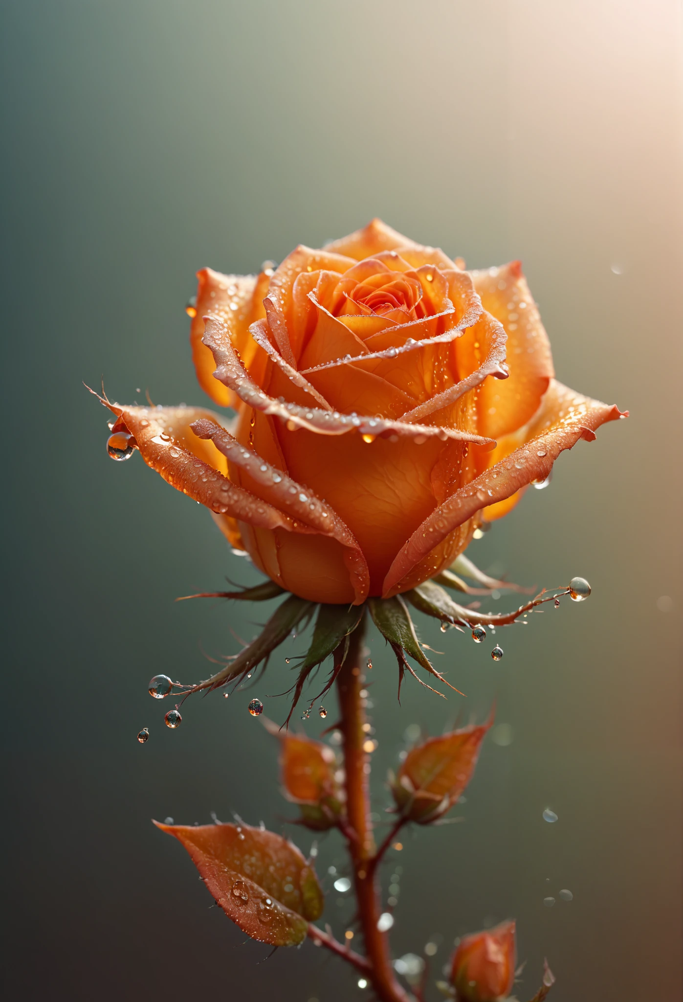 macro photo, sparkling magical fantasy glass orange colour glow Rose dewdrop, very detailed, amazing quality, intricate, cinematic light, highly detail, beautiful, surreal, dramatic, galaxy fantasy colors,