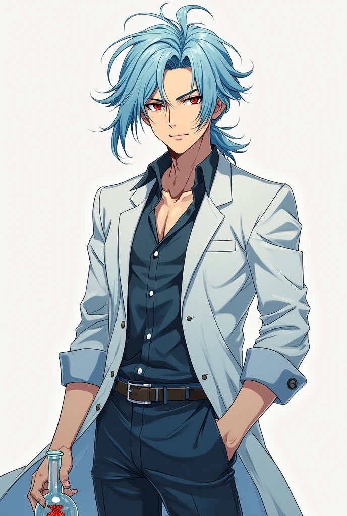 handsome adult man , anime, Dr, flask with light blue hair, Mullet hairstyle , holds a. He has scarlet eyes, carelessly styled hair and a mysterious look. He stands at his full height and smiles