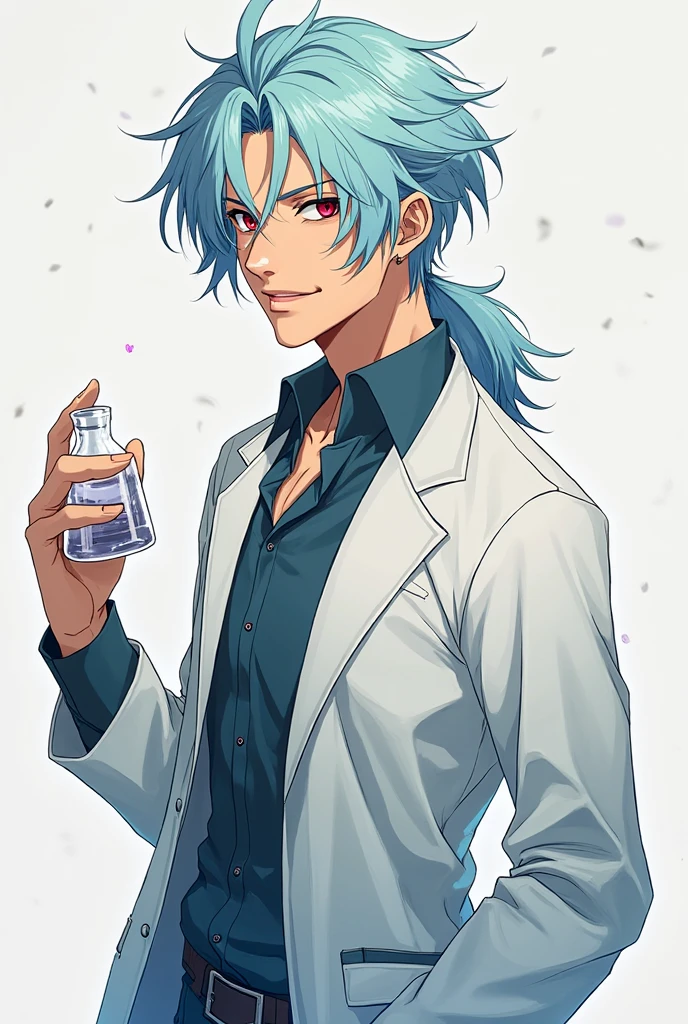 handsome adult man , anime, Dr, flask with light blue hair, Mullet hairstyle , holds a. He has scarlet eyes, carelessly styled hair and a mysterious look. He stands at his full height and smiles