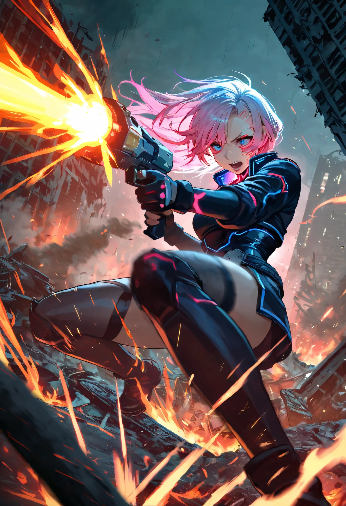 a cyberpunk city turned into a battlefield, beautiful and lovely female warriors fighting with laser guns, flames, smoke, ruins, speed lines, motion blur, action blur, highly detailed, sharp focus, vivid colors, soft lighting, cinematic composition, extremely delicate depiction, extremely clear image, 2.5D, artistic photography, hyper realistic, ultra detailed, absolutely resolution, masterpiece